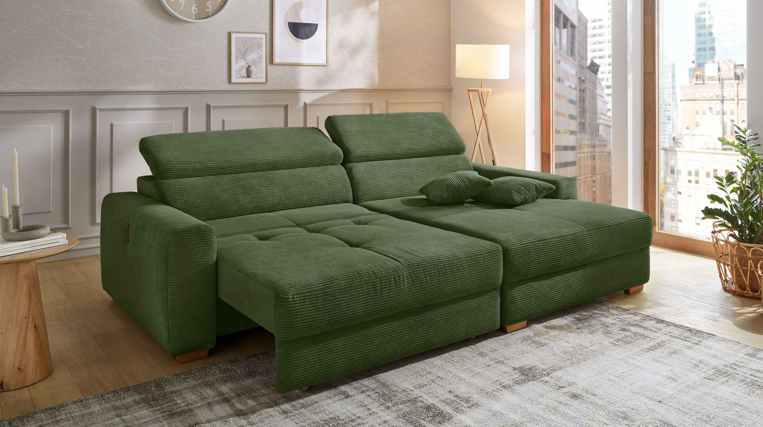 Ecksofa Cord grün ausziehbar - Sitztiefenverstellung 277 cm - SLIDER