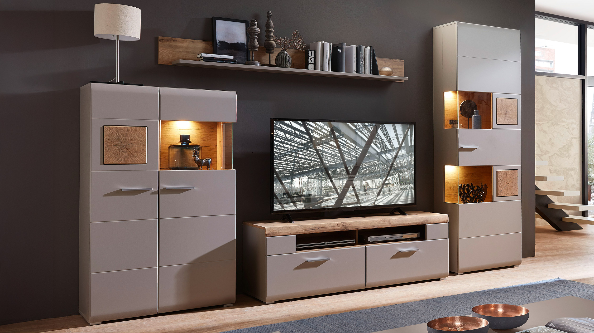 Wohnwand grau - Eiche 325 cm - LED-Beleuchtung - FUN PLUS