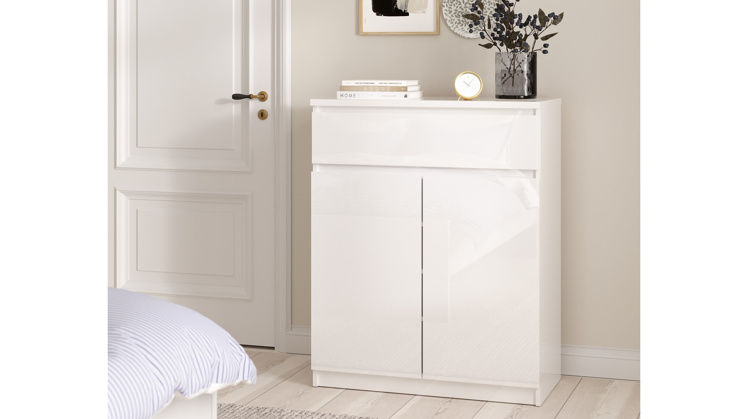 Kommode mit 1 Schublade weiß hochglanz 80 cm - NAIA  Kommode mit 1 Schublade weiß hochglanz 80 cm - NAIA