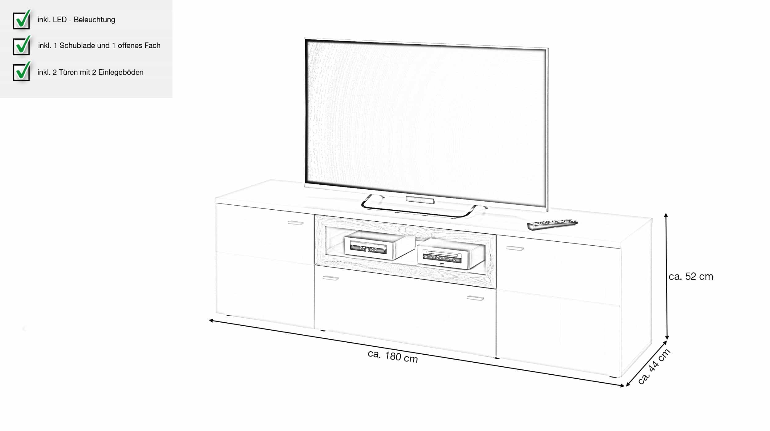 TV - Lowboard Eiche - weiß hochglanz 180 cm - BRÜNN