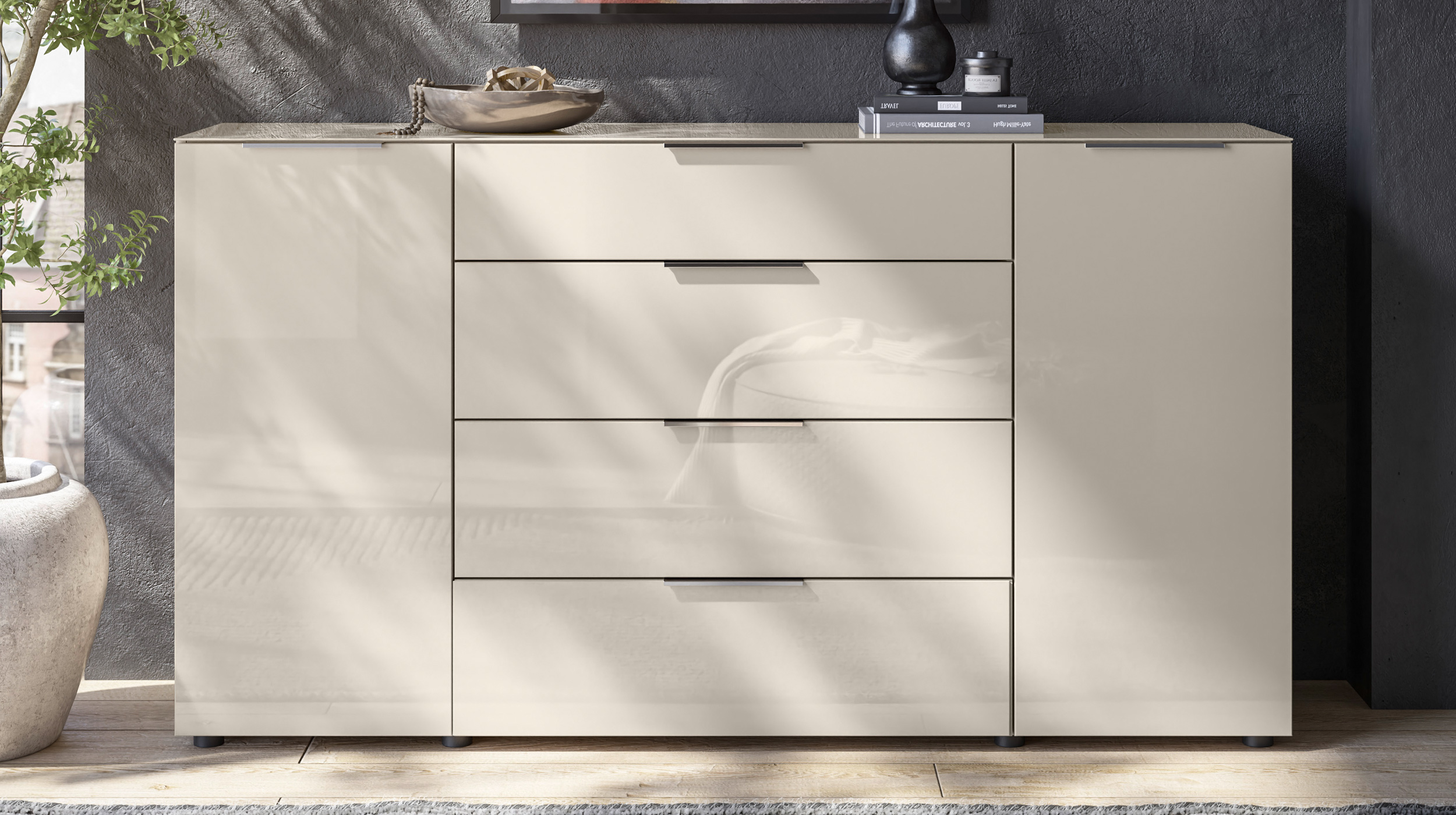 Sideboard 4 Schubladen - beige - Glasfront - 180 cm - SANTORIN
