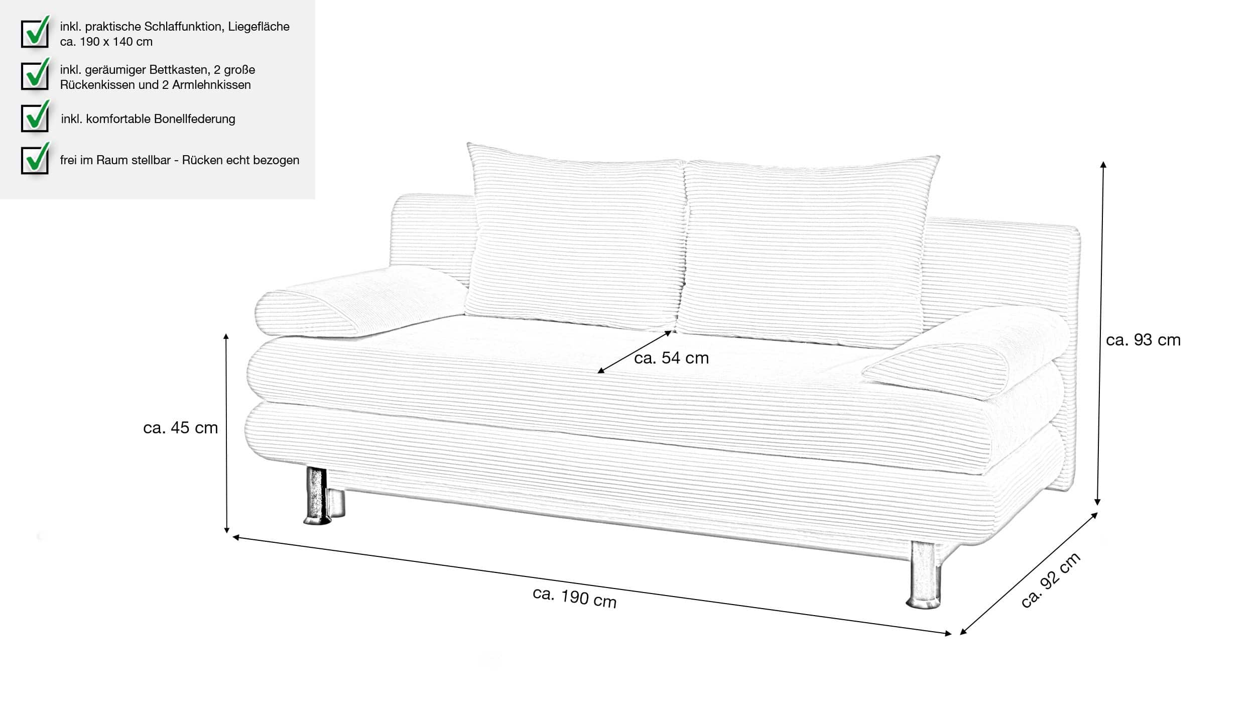Schlafsofa mit Bettkasten Cord grau 190 x 93 cm - BAREND