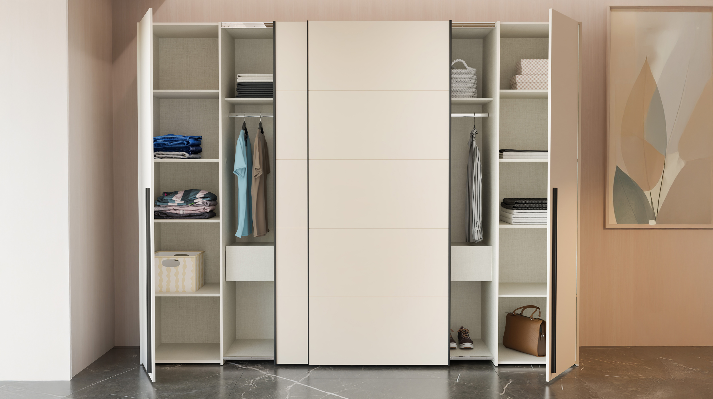Kleiderschrank beige - 270 cm - Schwebetüren - mit 2 Schubladen - NARAGO
