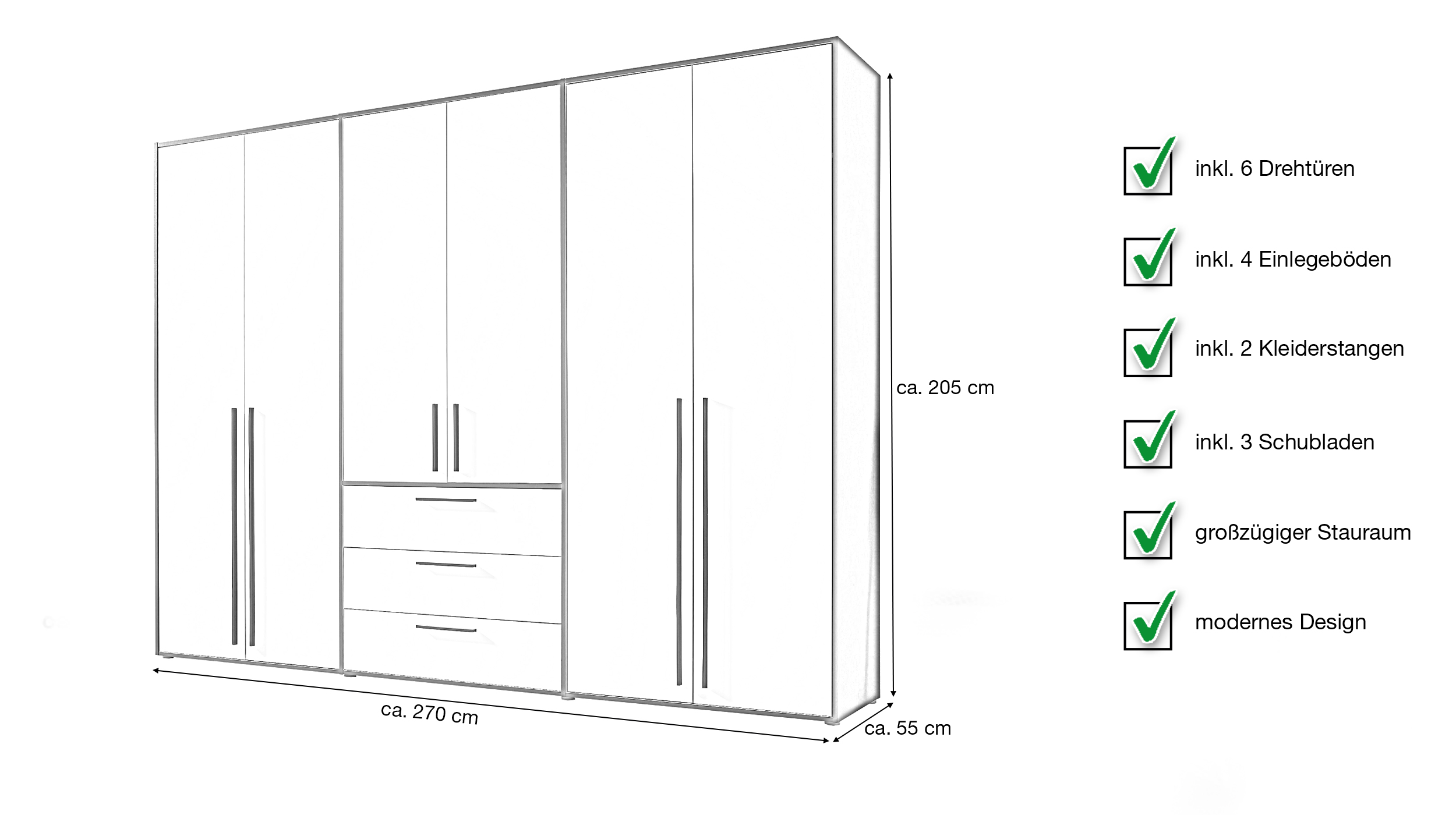 Kleiderschrank mit Schubladen weiß graphit 270 cm 6-türig - LATTARI 