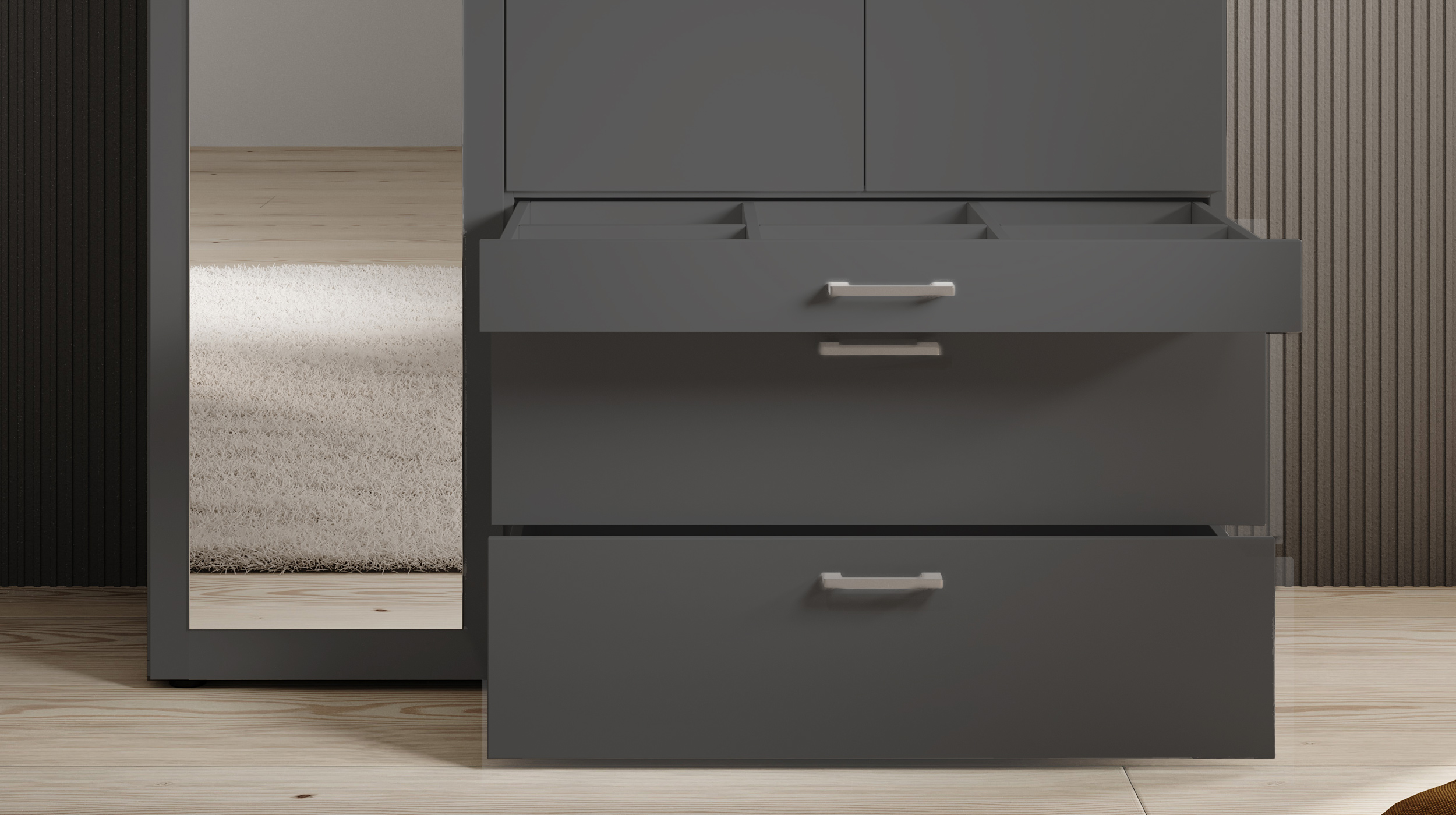 Kleiderschrank graphit mit Spiegel - 135 cm - 3-türig - VESALA