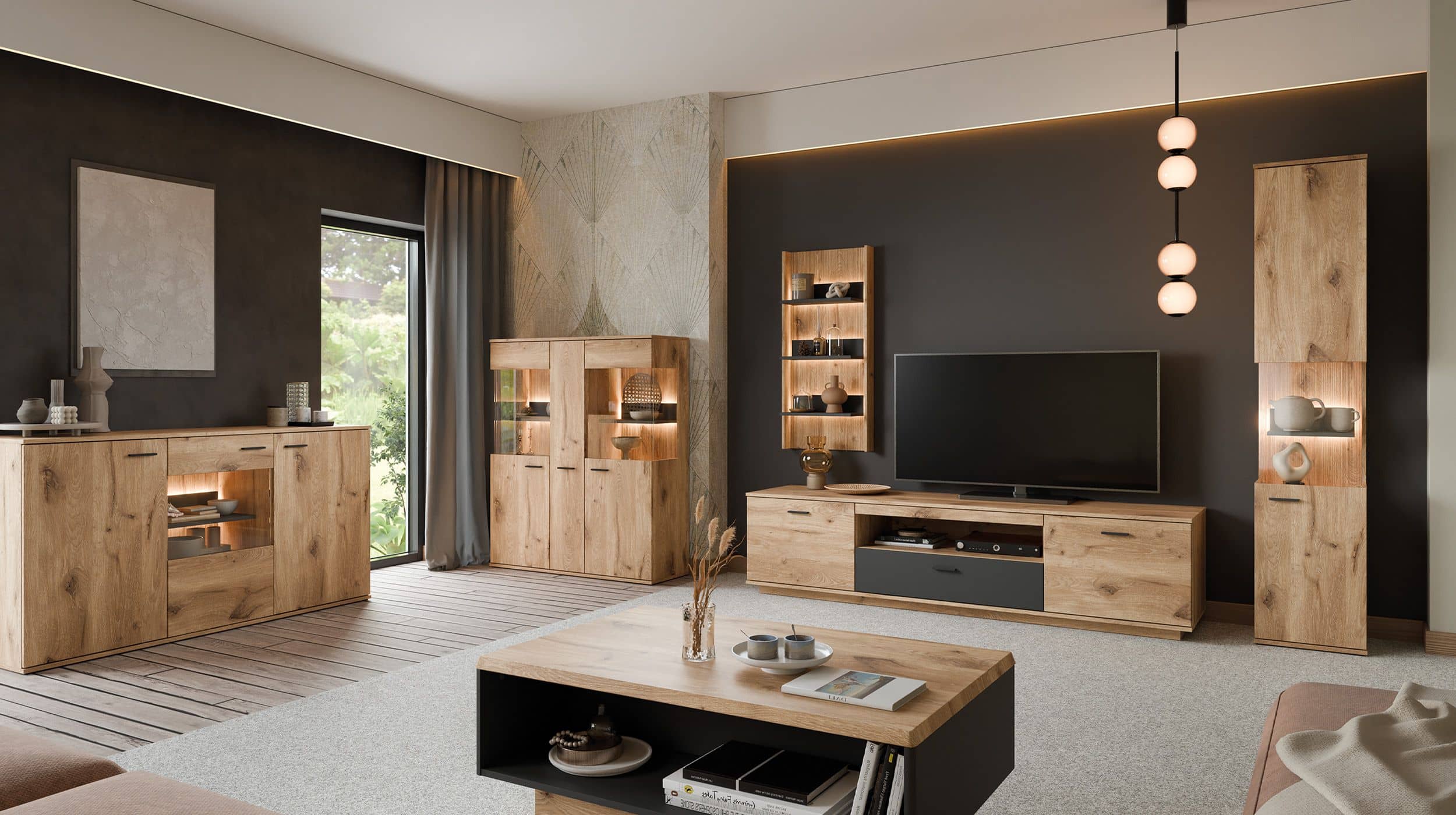 Highboard mit 2 Glastüren Viking Eiche - Beleuchtung 115 cm - PARDOO