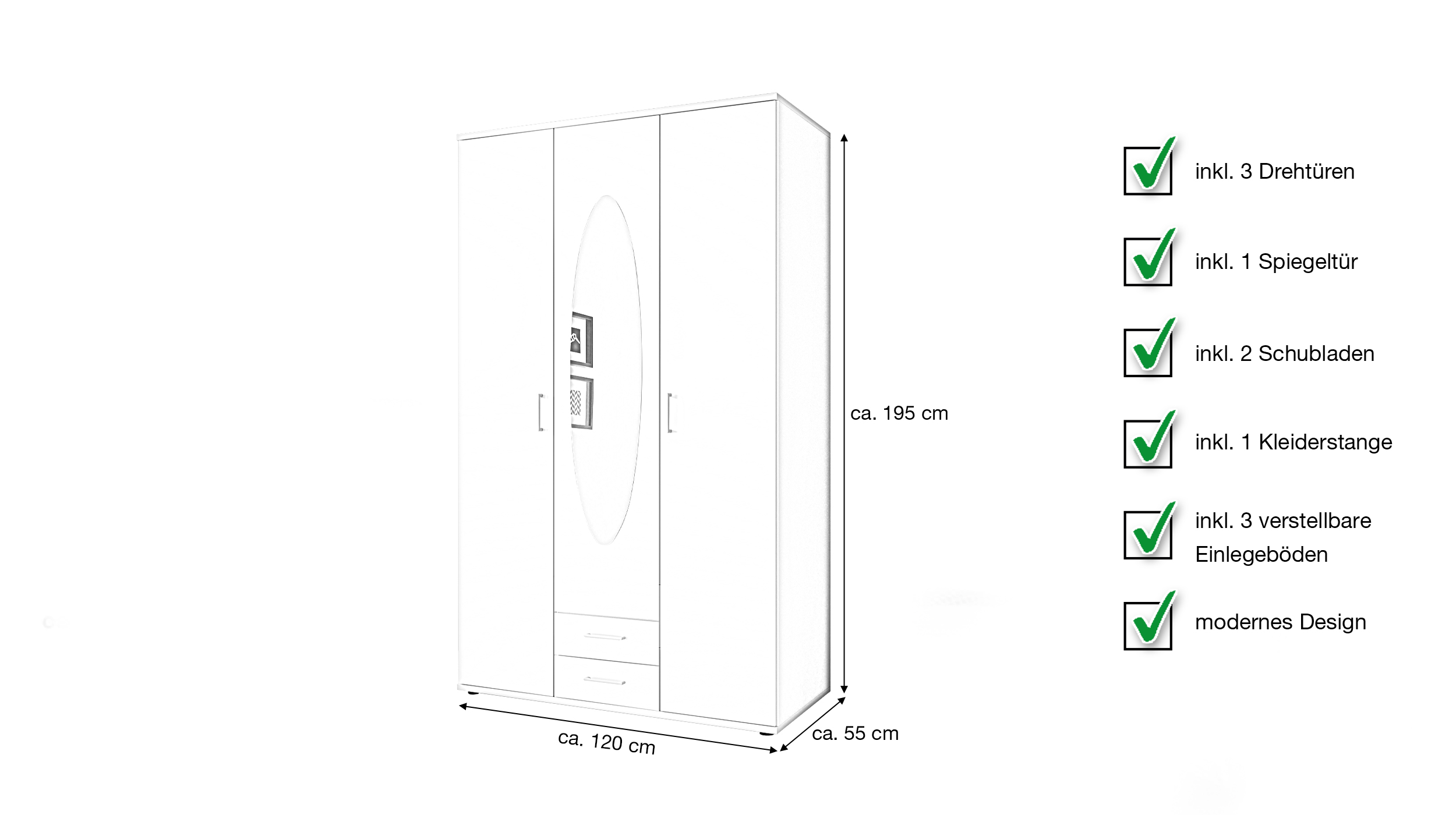Kleiderschrank mit Spiegel 120 cm weiß - 3-türig - PAUL