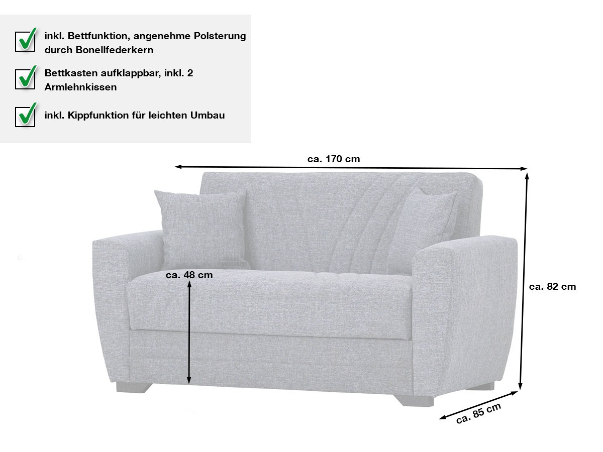 Einzelsofa 2-Sitzer grau 170 cm Schlaffunktion - ACUN