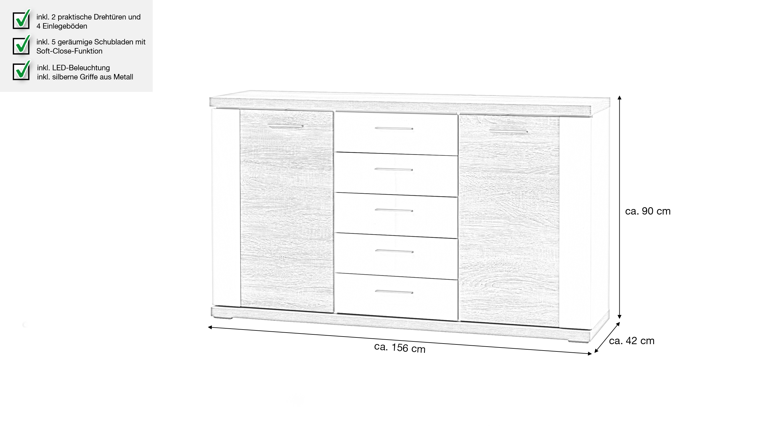 Sideboard mit Beleuchtung Eiche - weiß hochglanz 156 cm - MANHATTAN
