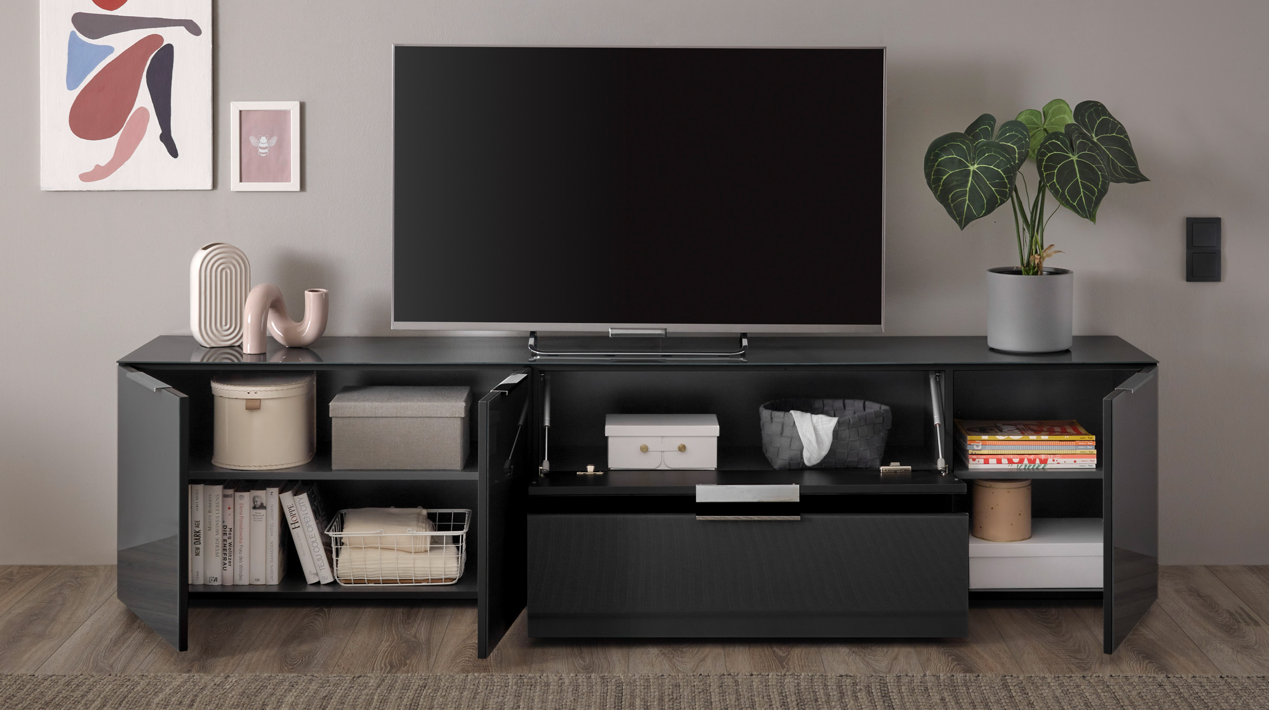 TV-Lowboard anthrazit - Glasfront - 226 cm - SANTORIN