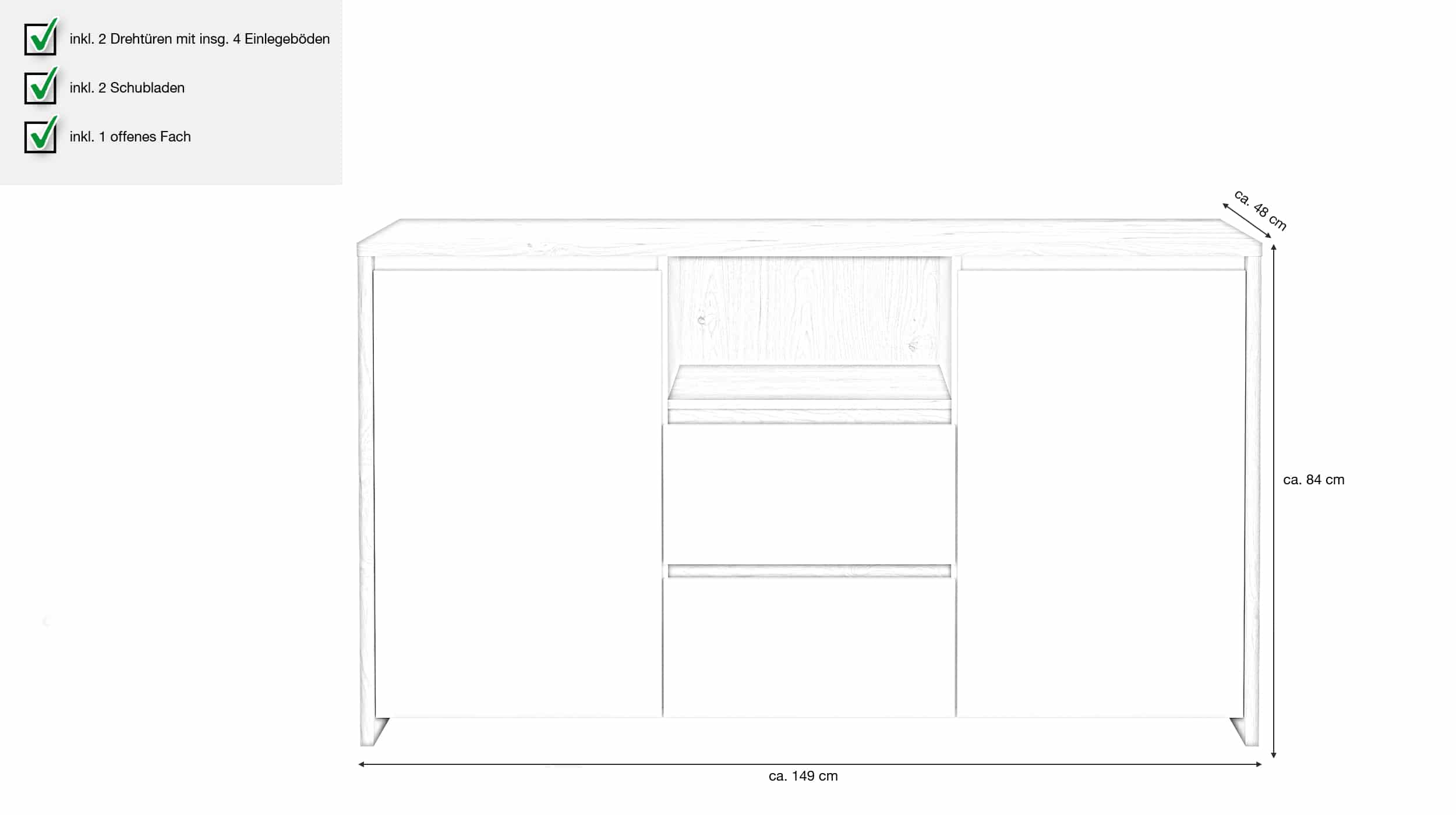 Sideboard mit Schublade weiß - Jackson Hickory 149 cm - NEXT