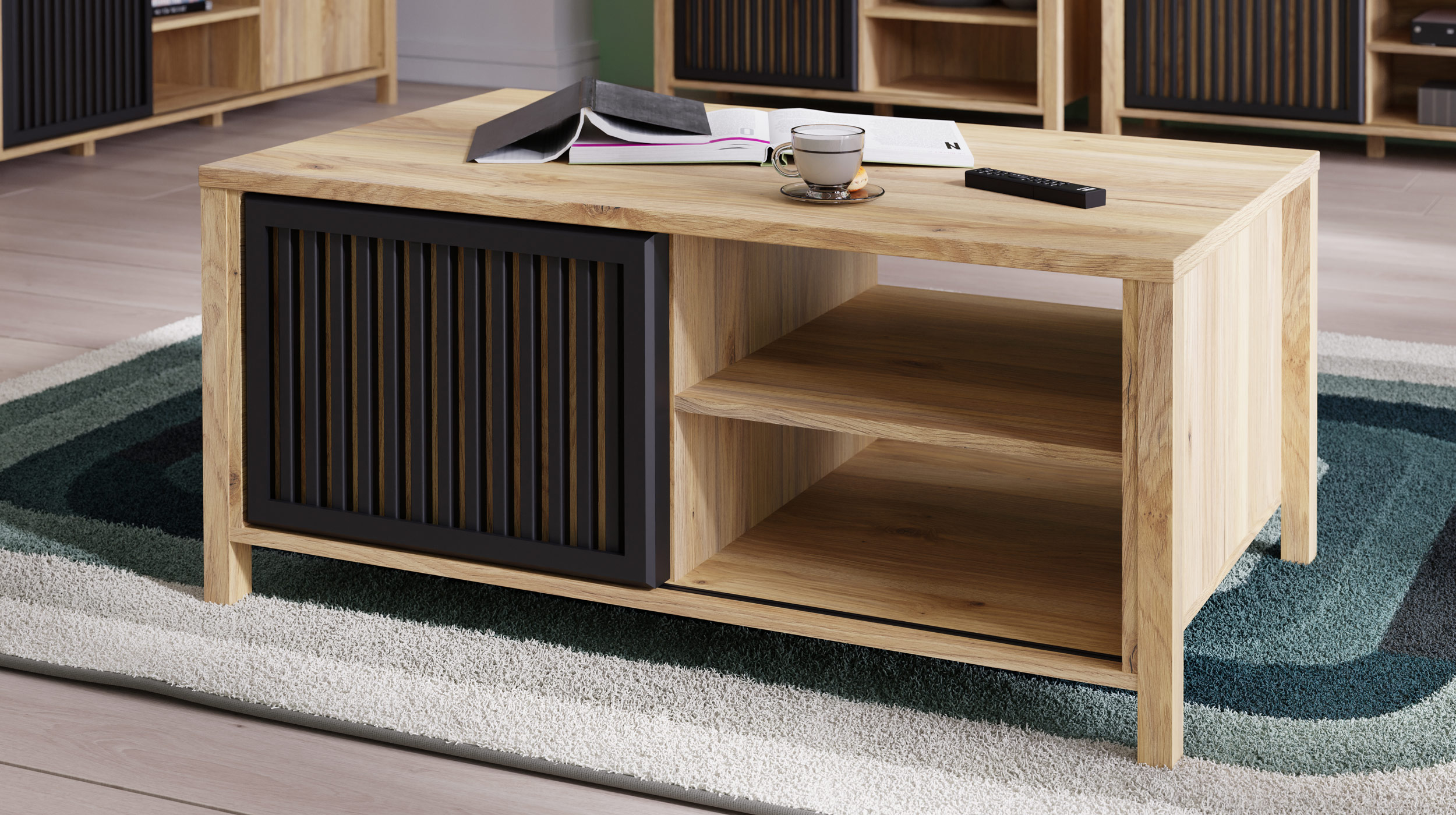 Couchtisch - Schiebetür - Eiche - schwarz - 106 cm - JYTANA