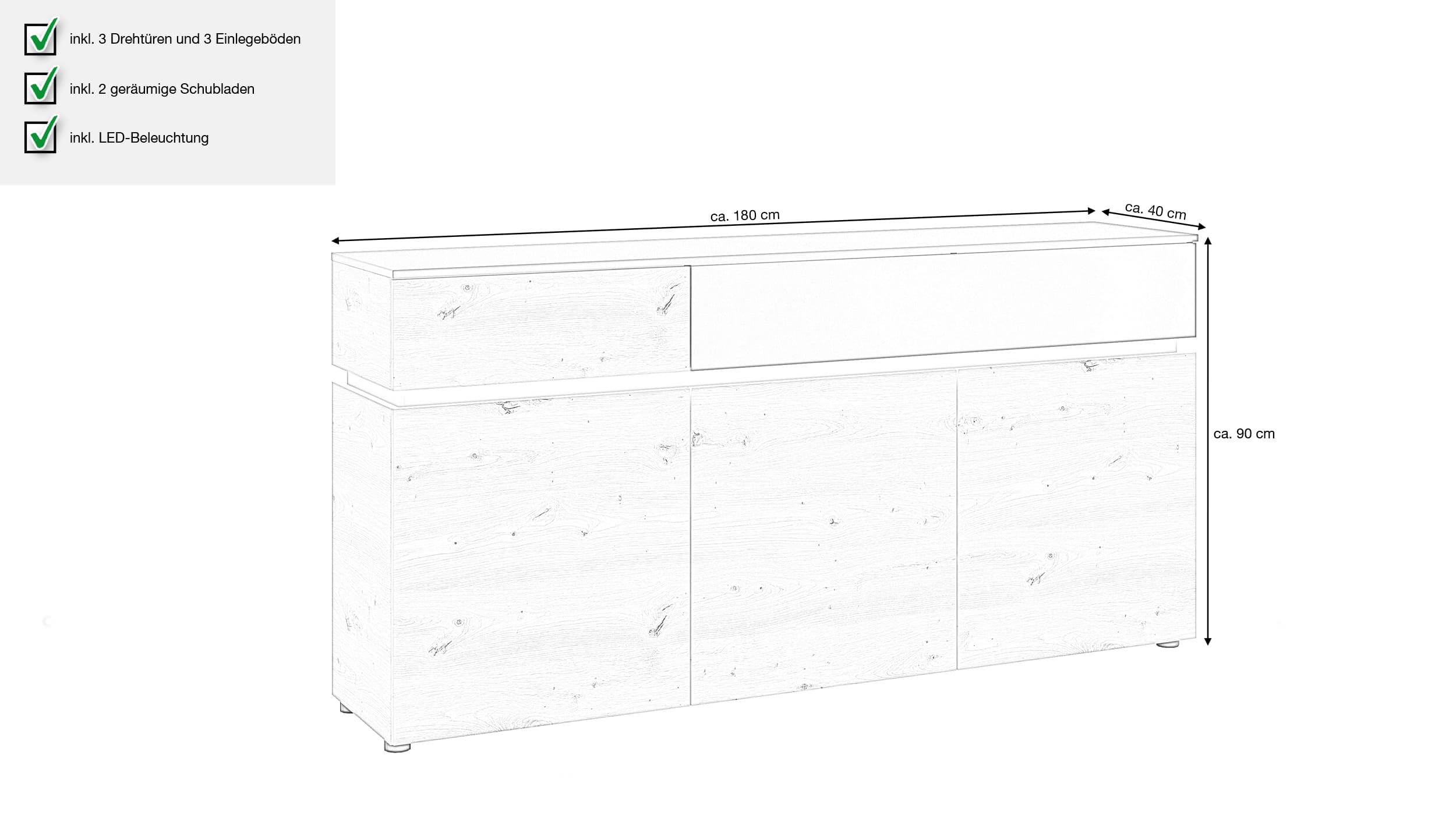 Sideboard Artisan Eiche - weiß 180 cm mit Beleuchtung - LUCI