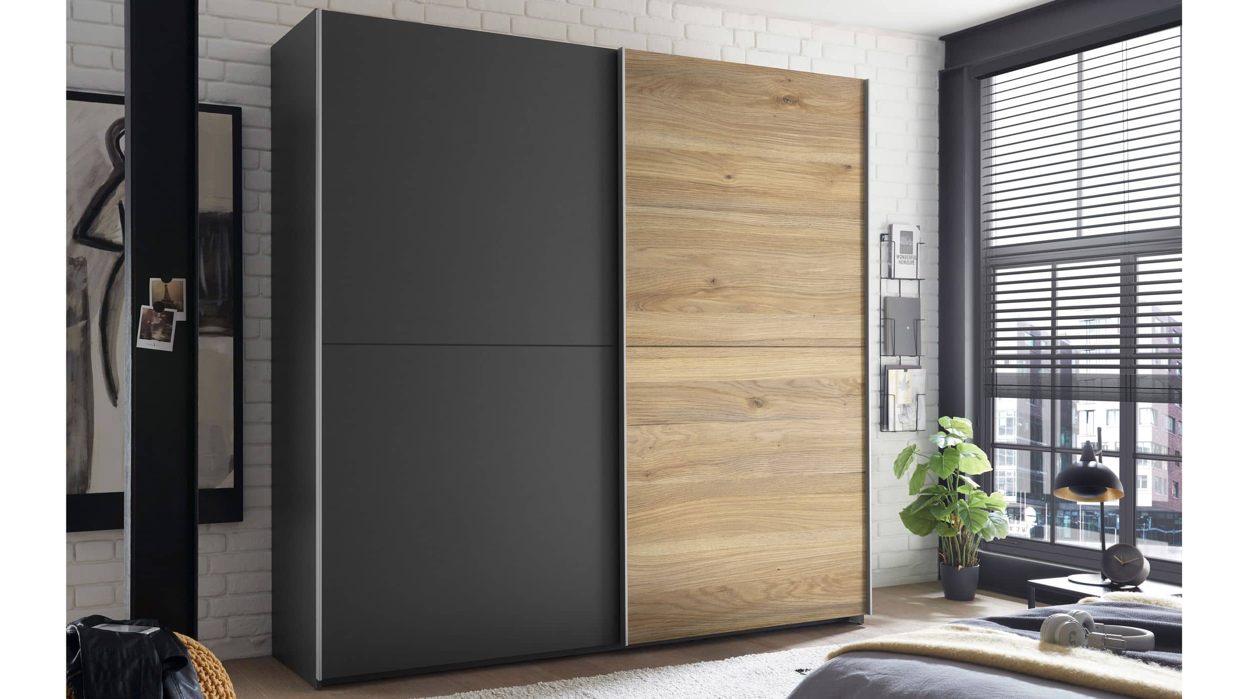 Schwebetürenschrank Eiche graphit - 215 cm - MELTON