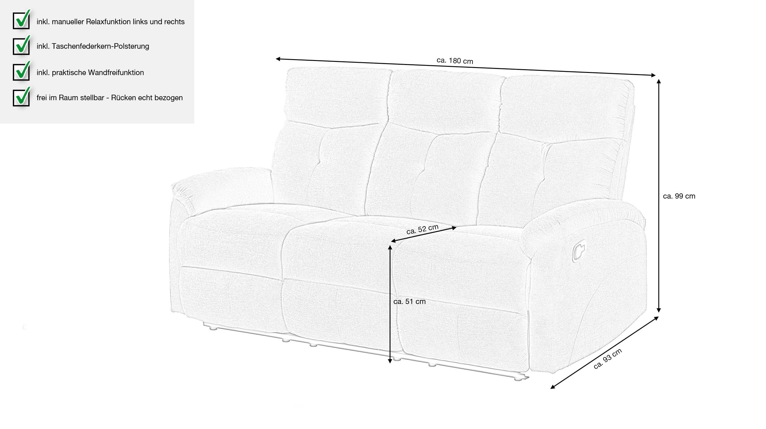 Einzelsofa 3-Sitzer grau 180 cm - Relaxfunktion - FICO