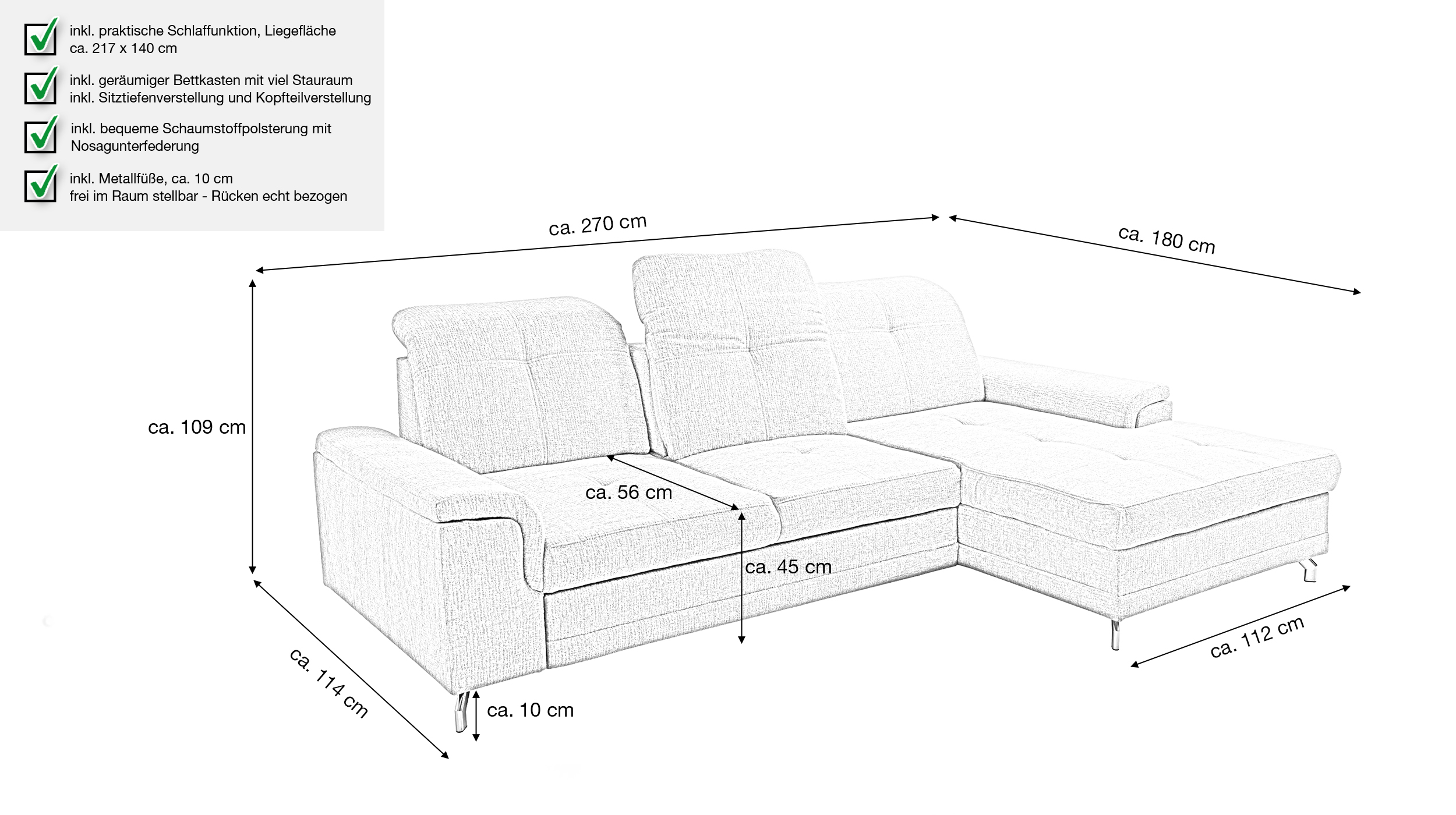 Ecksofa mit Schlaffunktion grau 270 x 180 cm - Bettkasten - BRITTA