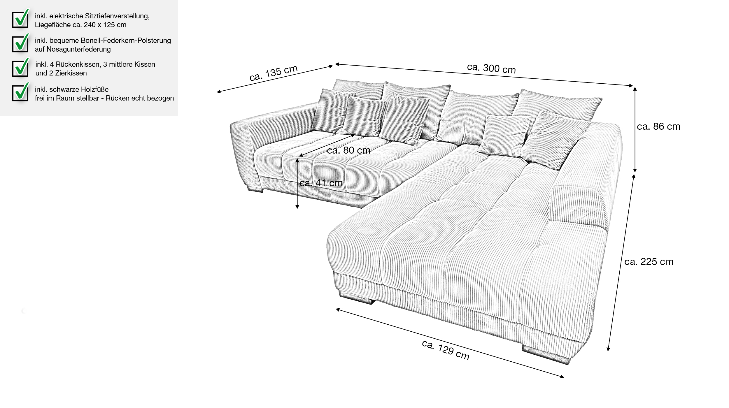 Ecksofa Cord grün elektrisch ausfahrbar 300 cm - OT rechts - ARTEMIS