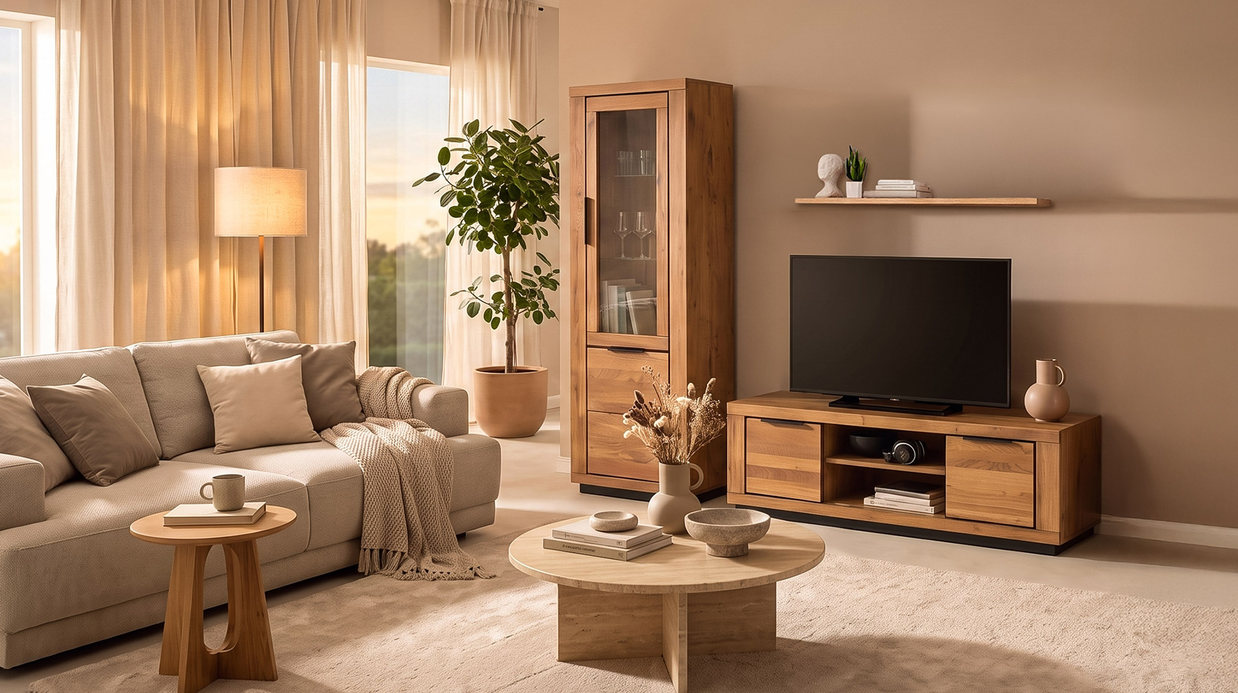 Wohnzimmer-Set Wildeiche 3-teilig mit Vitrine und TV-Lowboard - GRENO