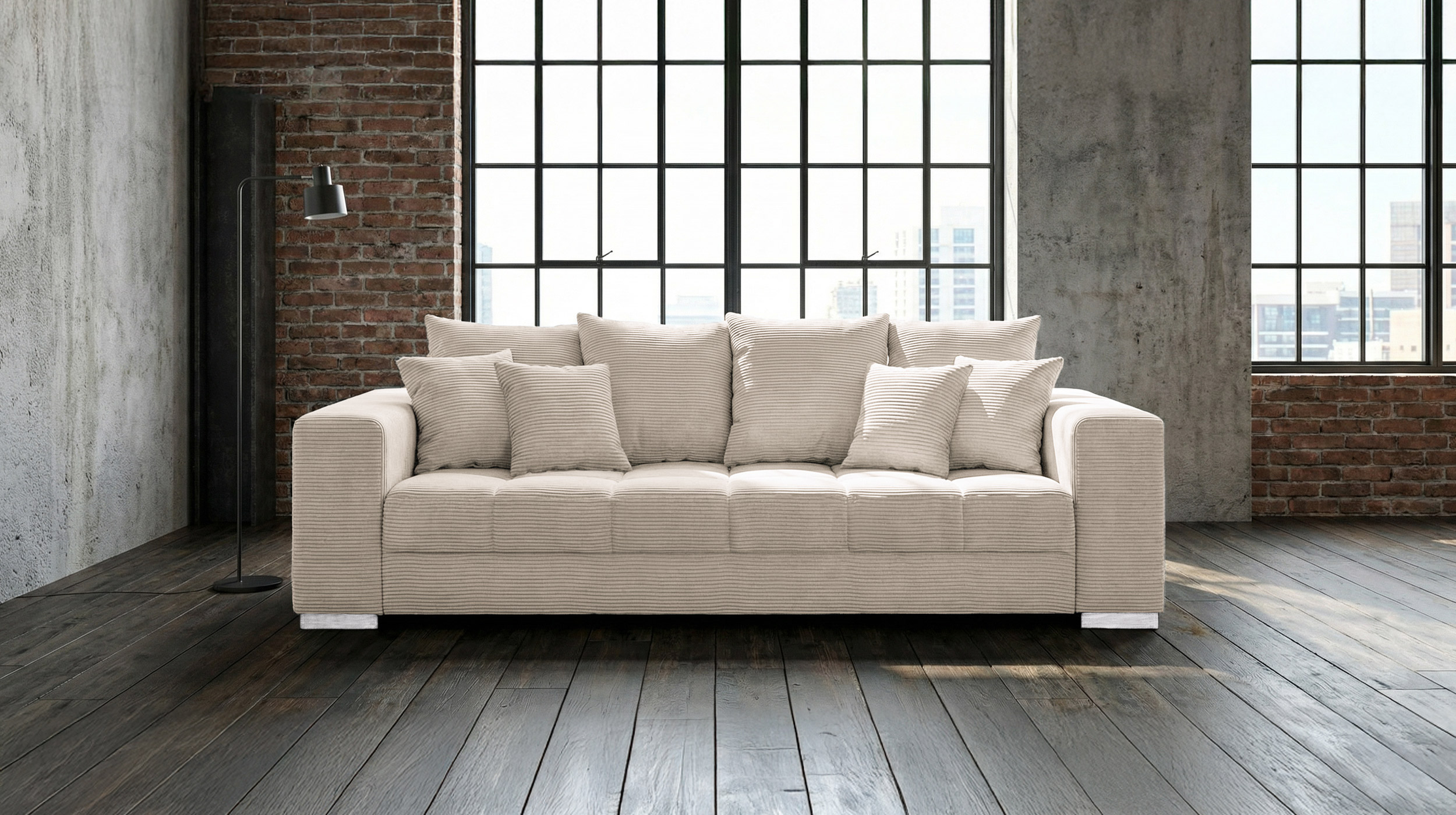 Big Sofa Cord beige - 254 cm - Nosagunterfederung - BORNEO
