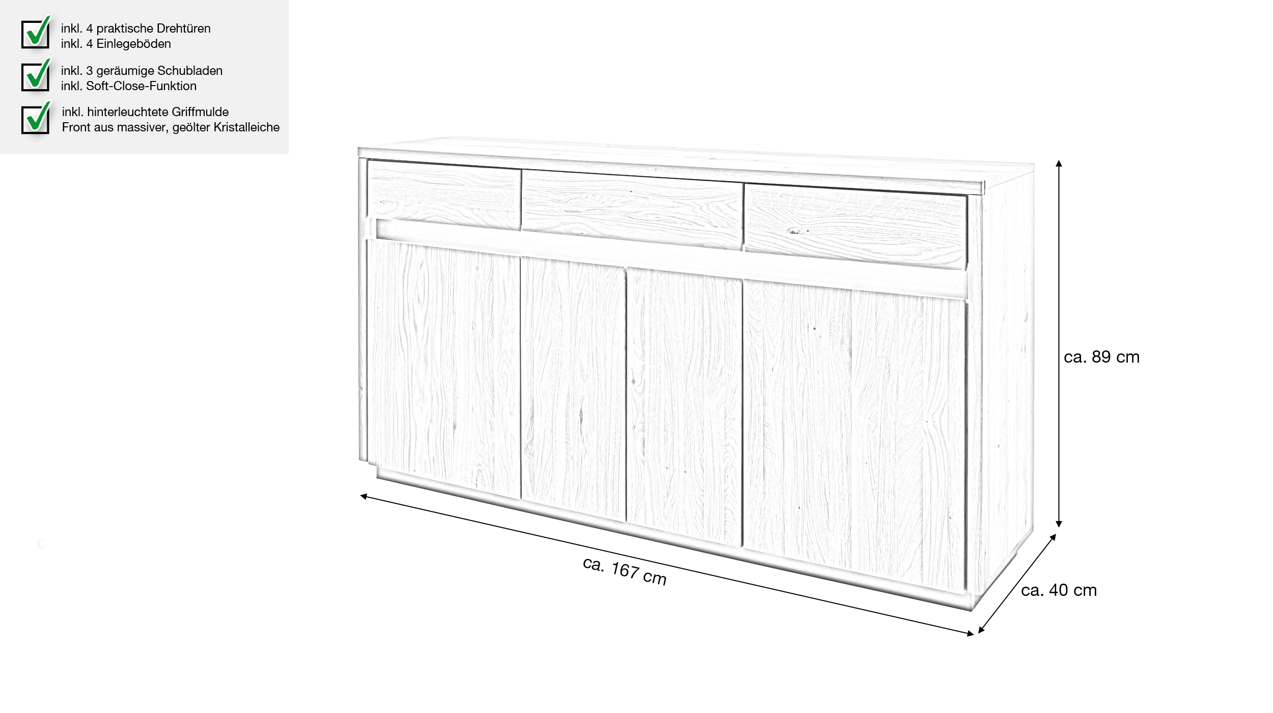 Sideboard mit Beleuchtung Kristalleiche massiv geölt 167 cm - LARVIK