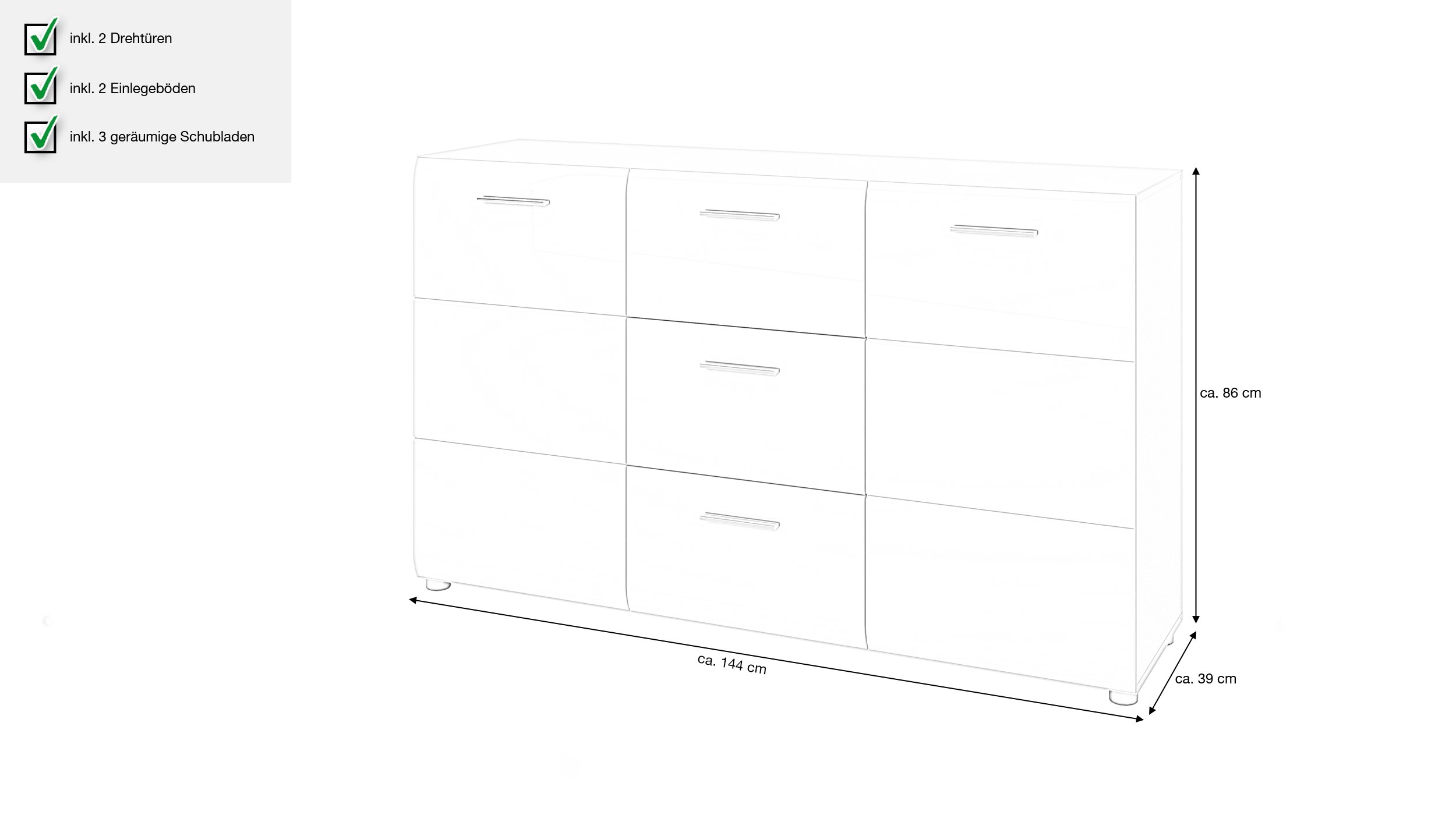 Sideboard weiß hochglanz 144 cm 2-türig - MERANO