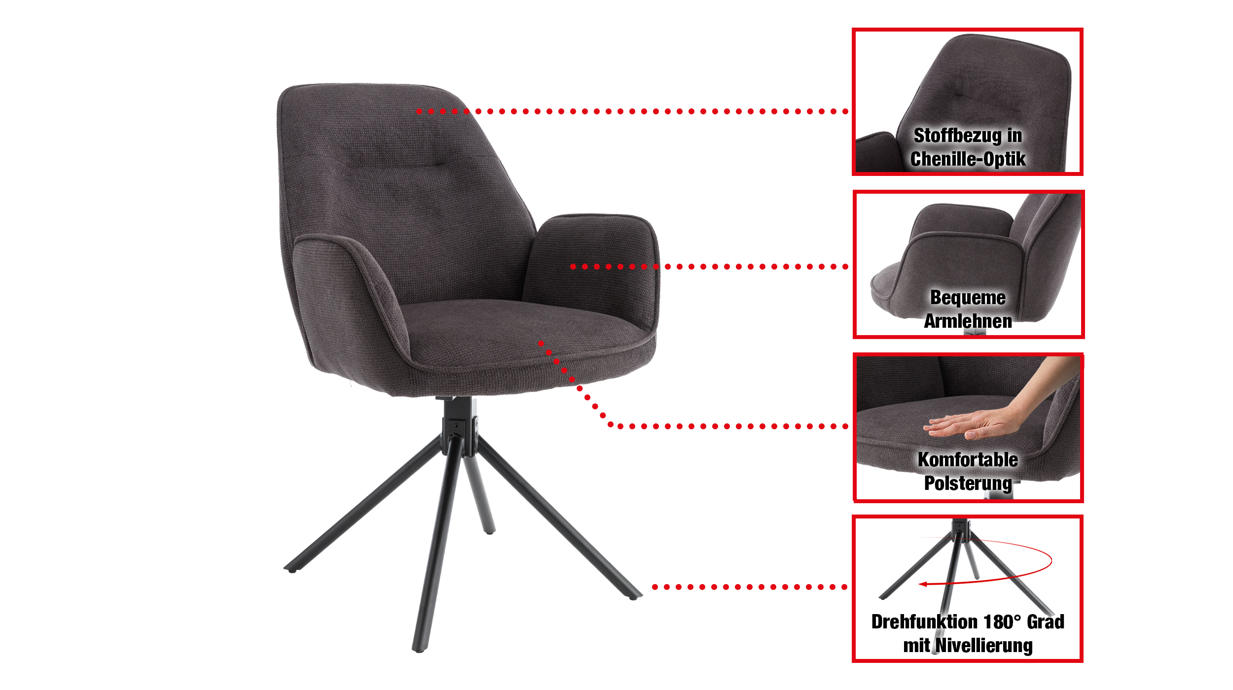 Armlehnstuhl anthrazit Drehstuhl Chenille Optik - MALITA