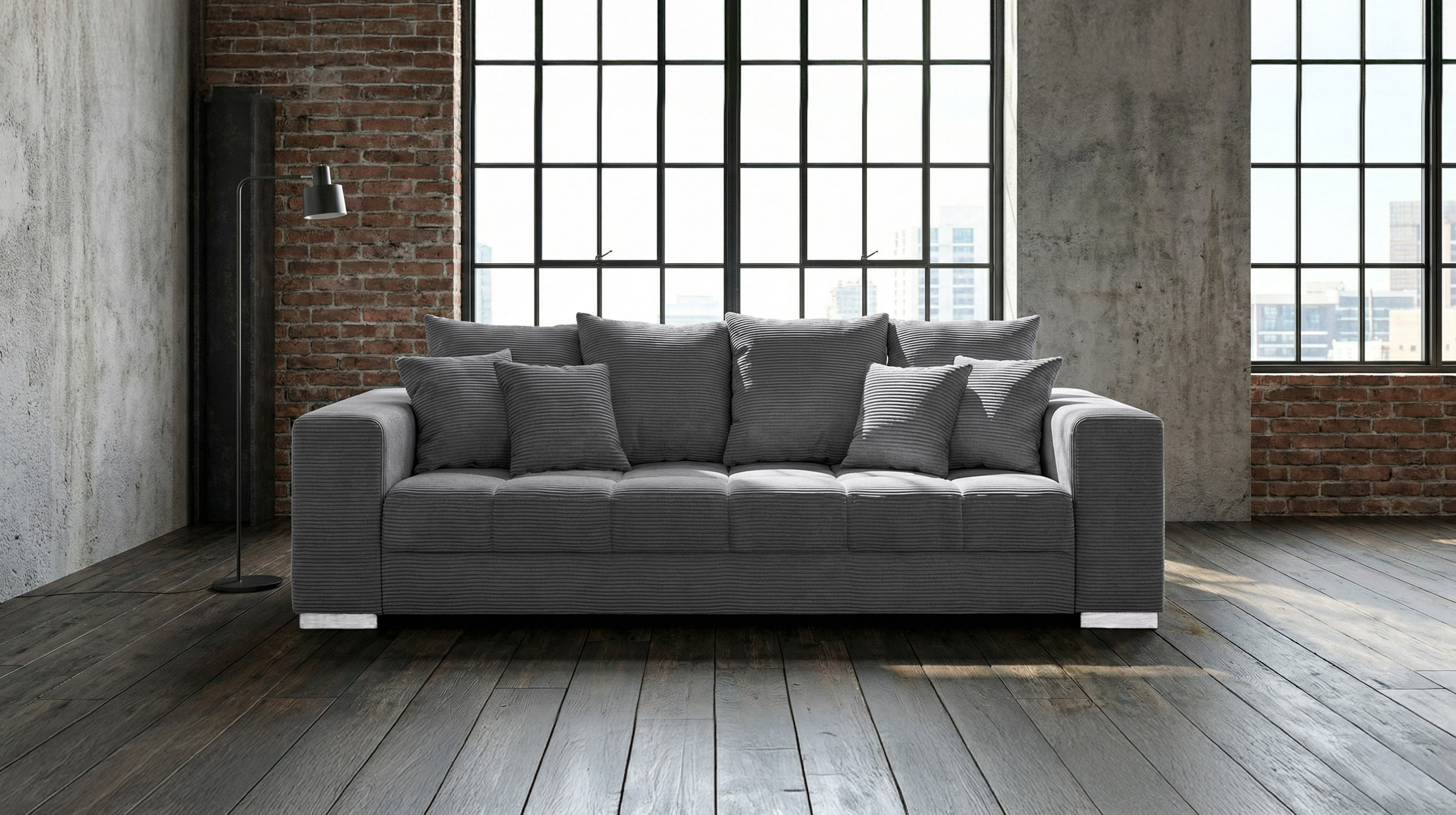 Big Sofa Cord grau - Nosagunterfederung - 254 cm - BORNEO