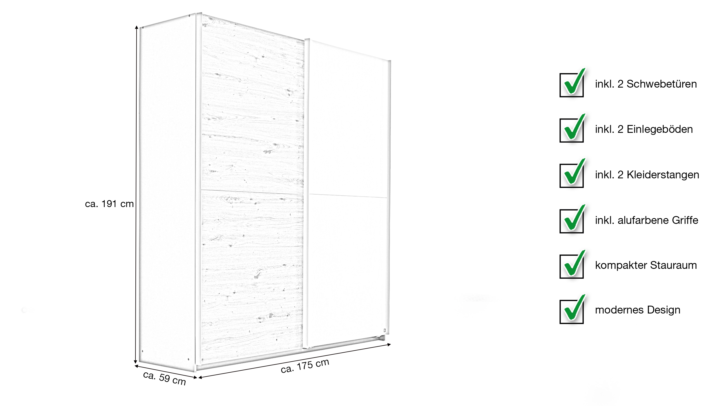 Schwebetürenschrank Eiche weiß - 175 cm 2-türig - SATURN 