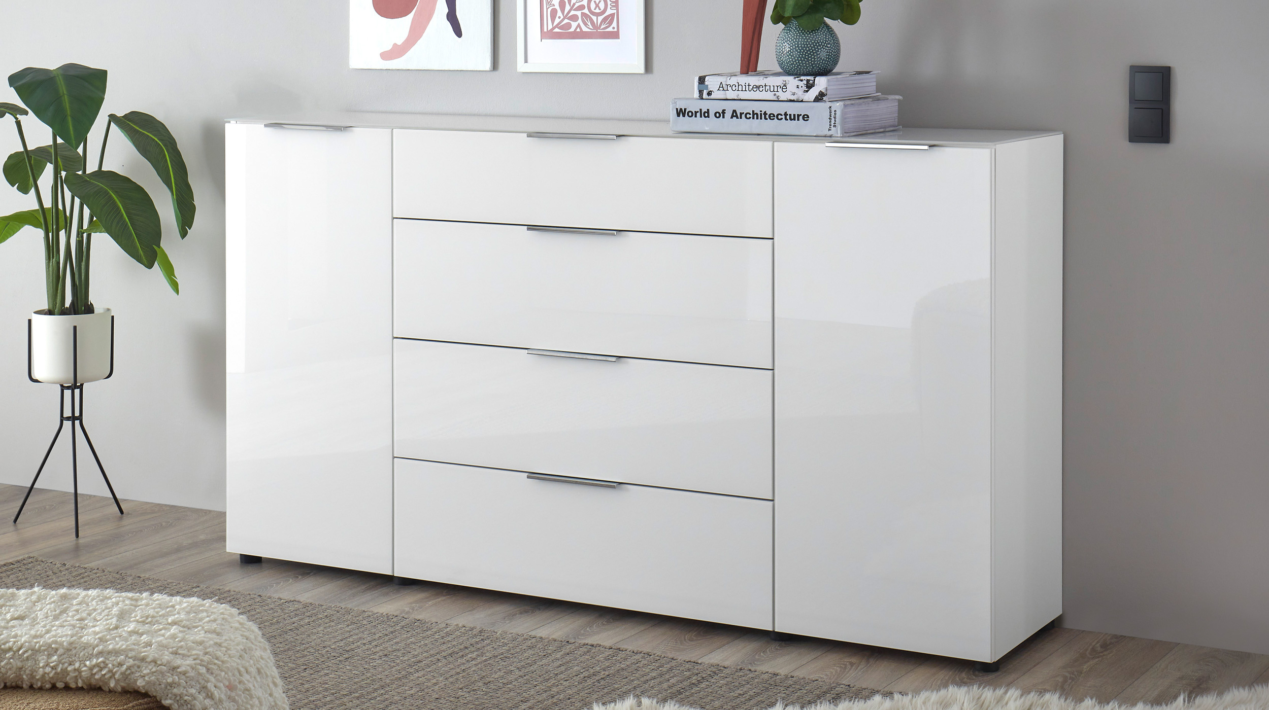 Sideboard 4 Schubladen - weiß - Glasfront - 180 cm - SANTORIN