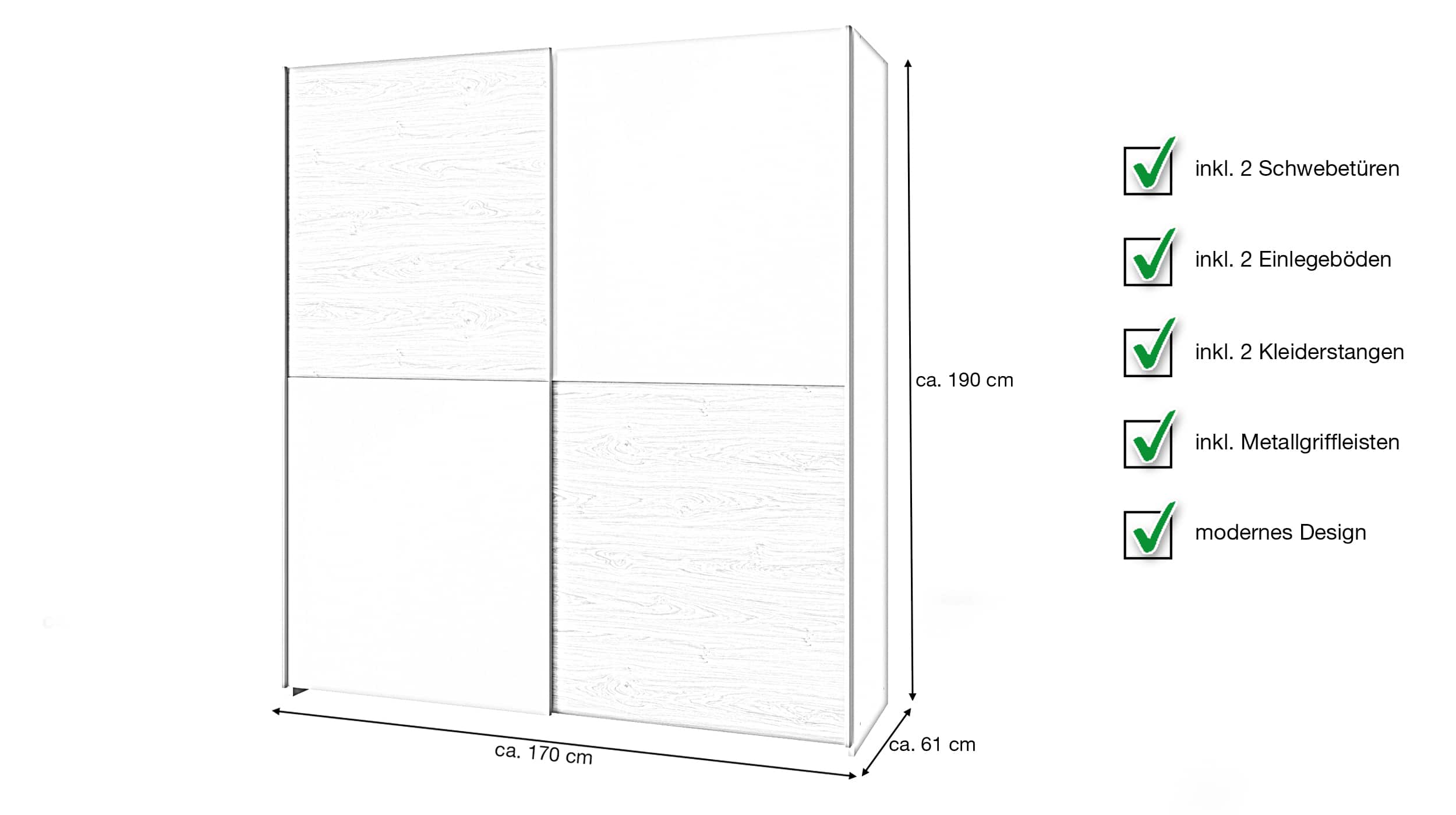 Schwebetürenschrank Artisan Eiche 170 cm 2-türig - CULGOA