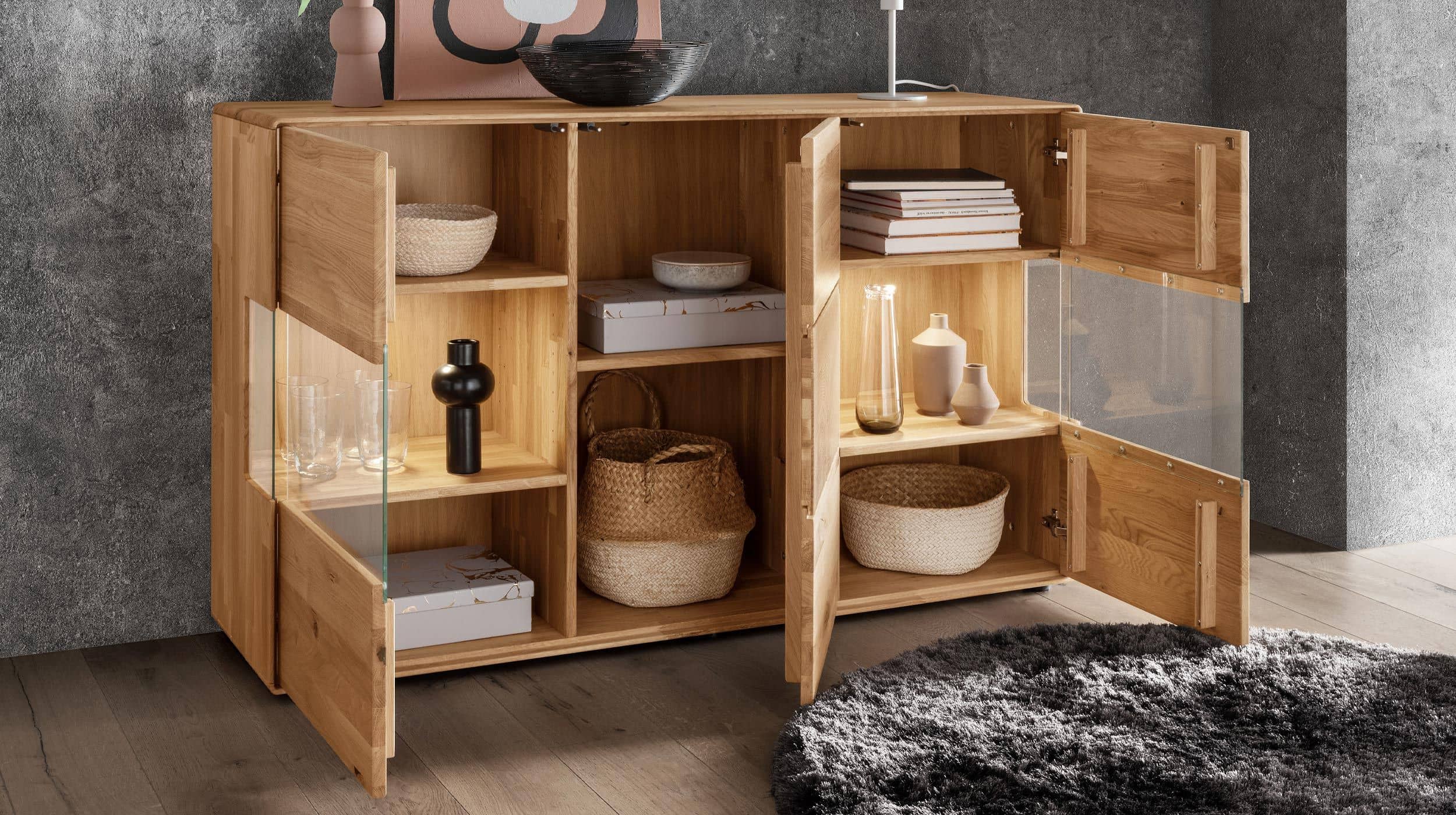 Sideboard mit 2 Glastüren Wildeiche massiv geölt 150 cm - TORVEN