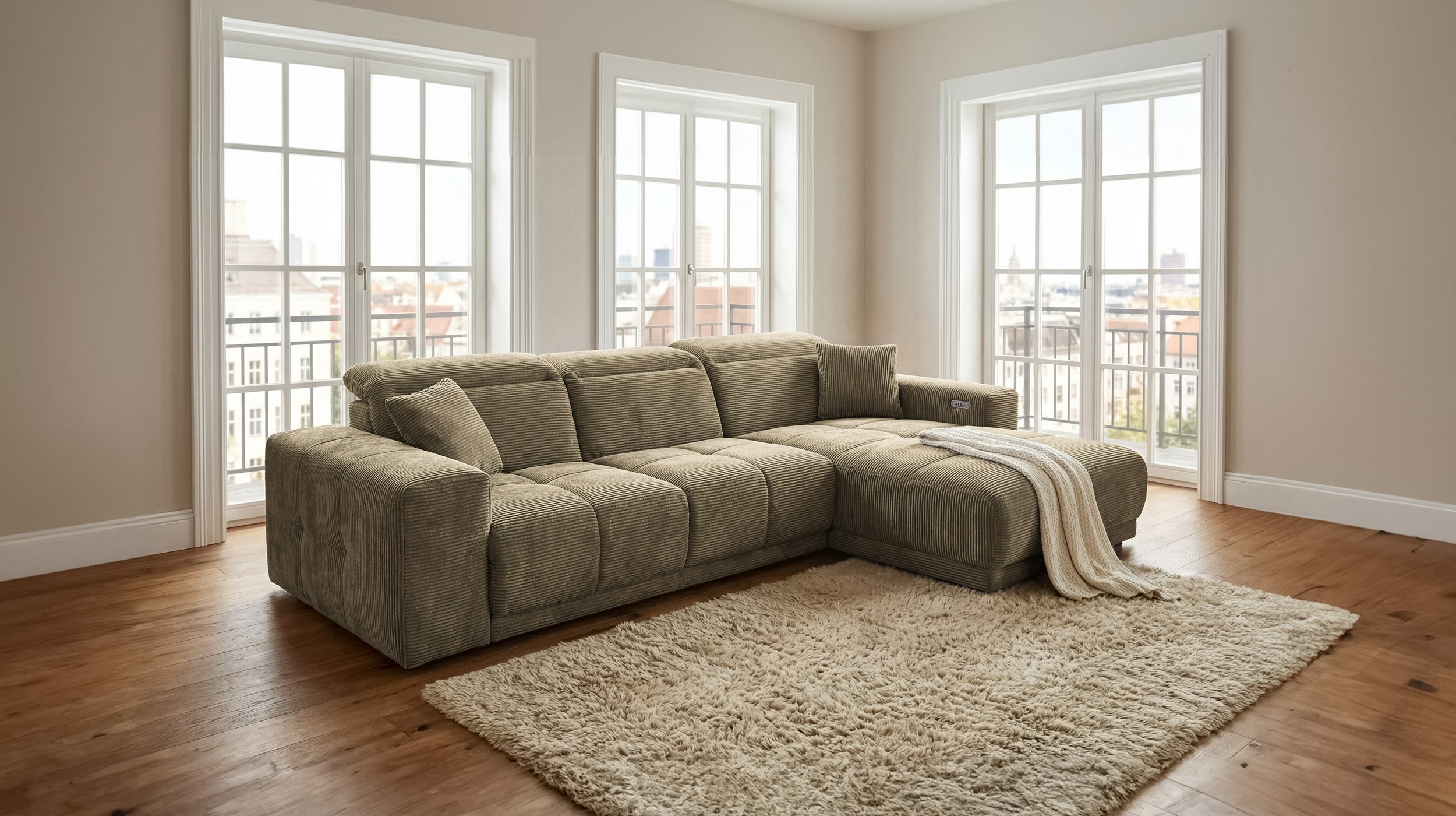 Ecksofa Cord grün 302 x 167 cm mit Relaxfunktion - OT rechts - TONI