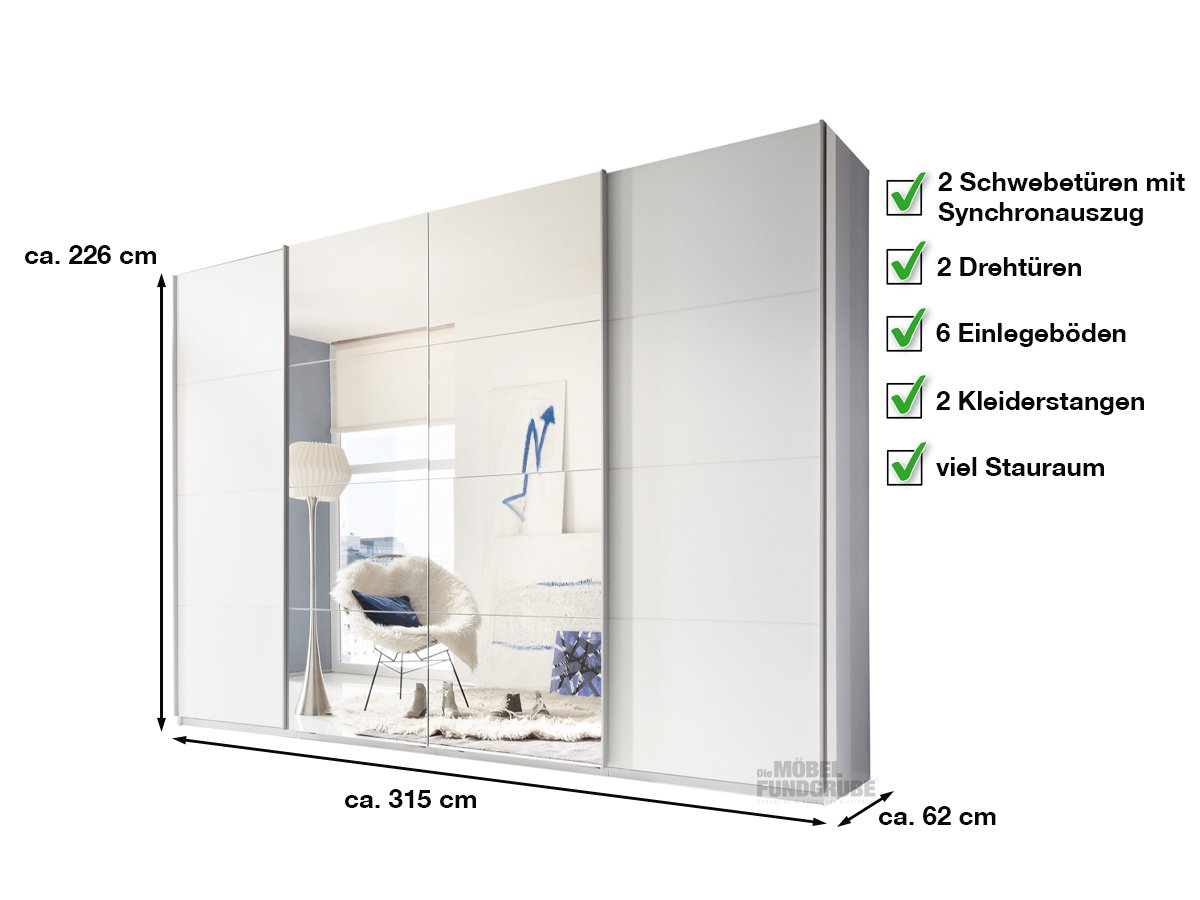 Schwebetürenschrank mit Spiegel - weiß - 315 cm - SYNCHRO