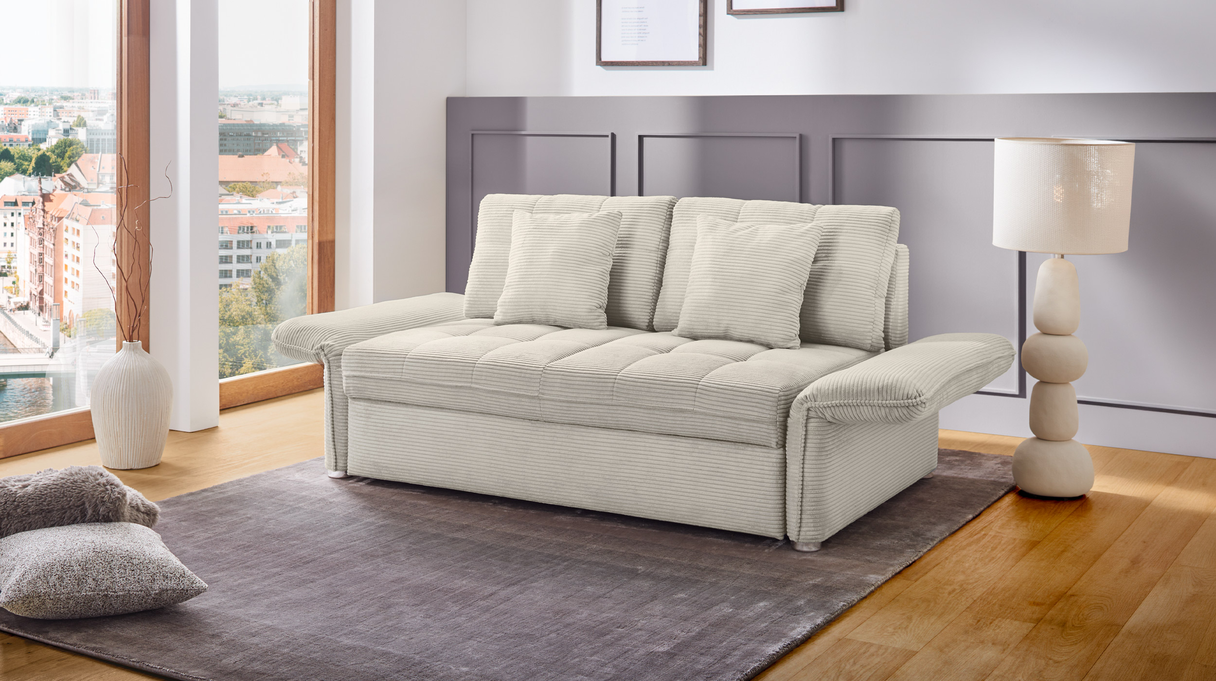 Schlafsofa Cord beige ausziehbar 167 x 105 cm - LEON