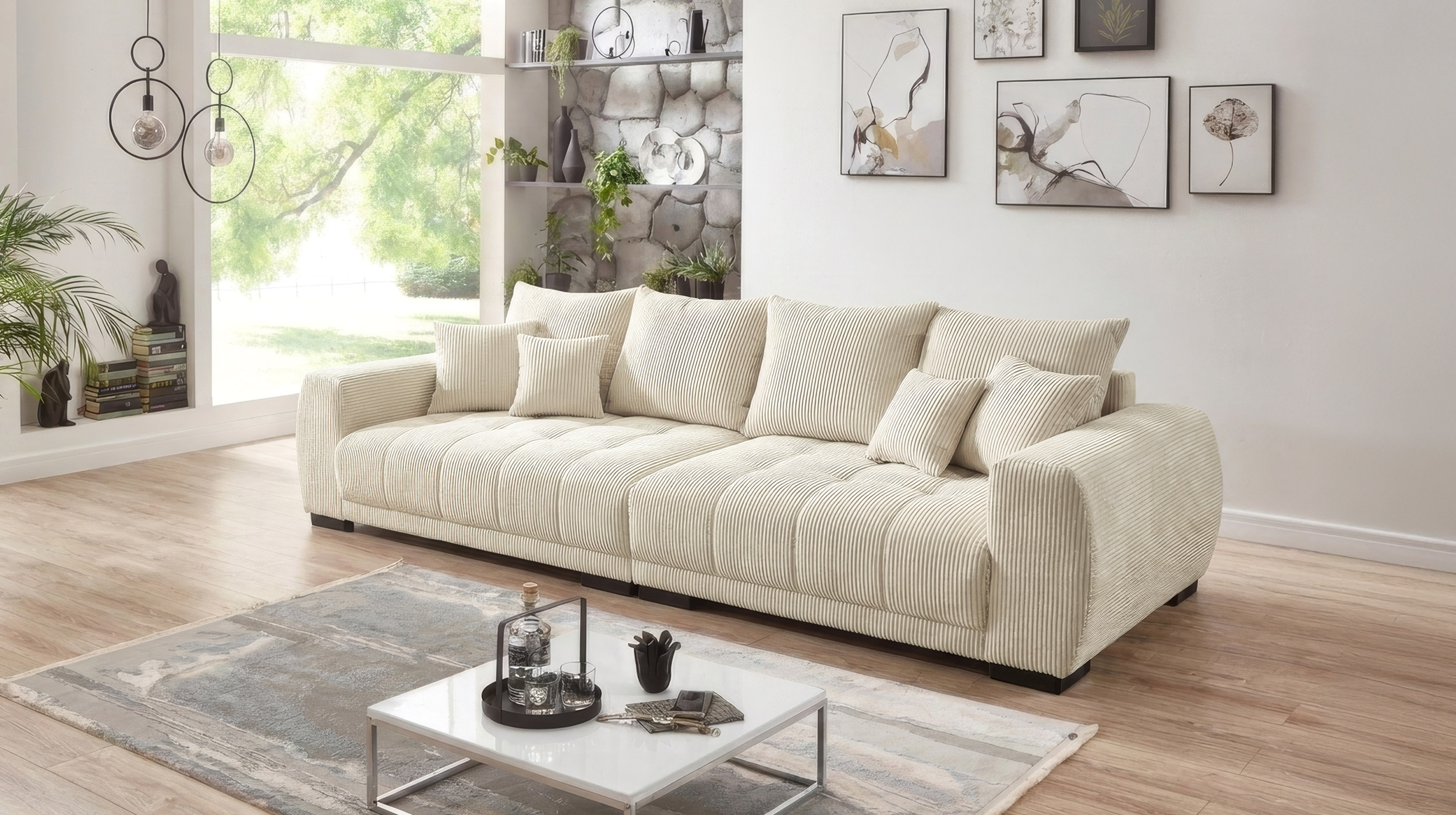 Big Sofa Cord beige mit Nosagunterfederung 300 cm - ARTEMIS