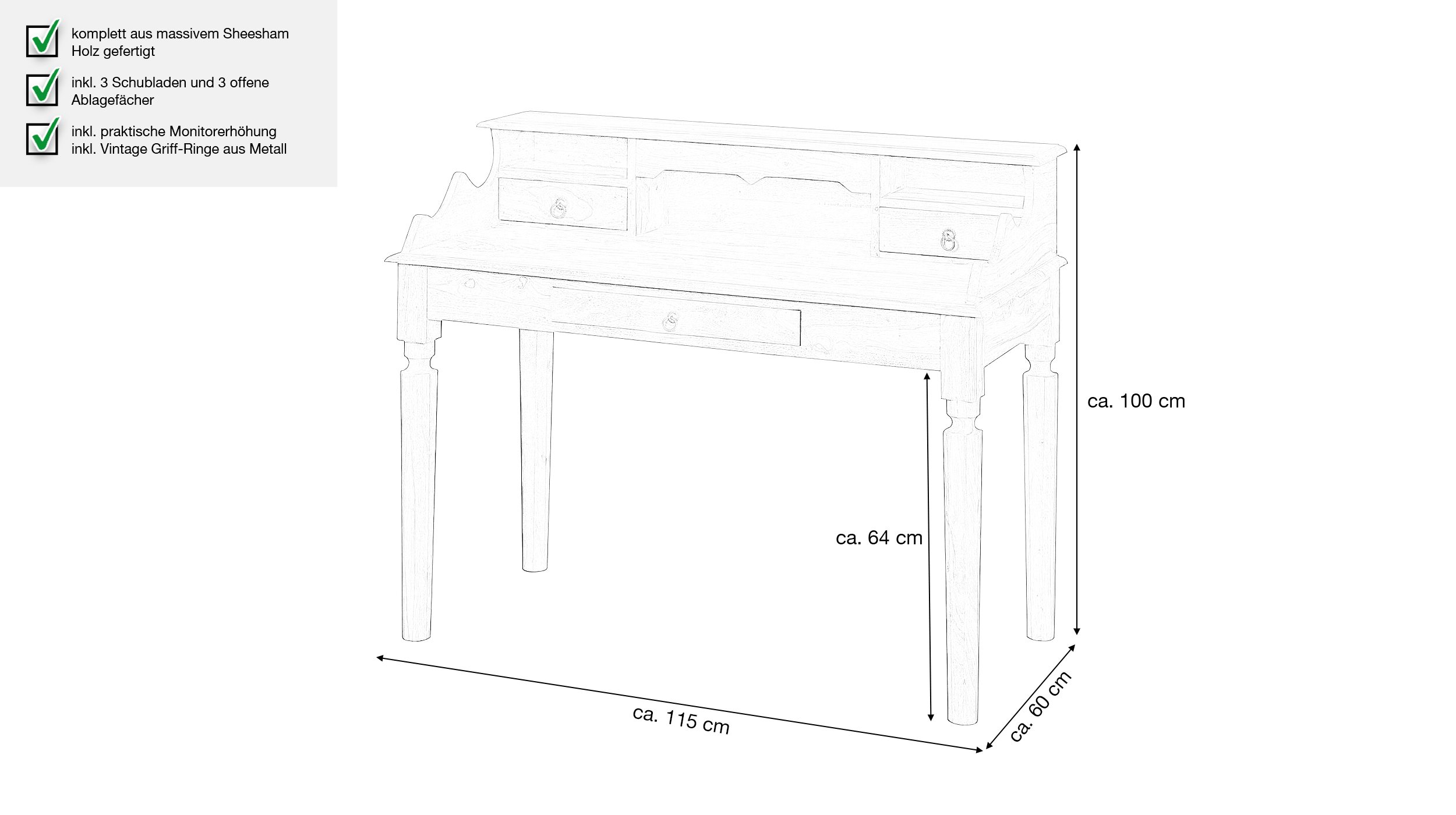 Schreibtisch Sheesham massiv gebeizt 115 x 60 cm - RAGNAR