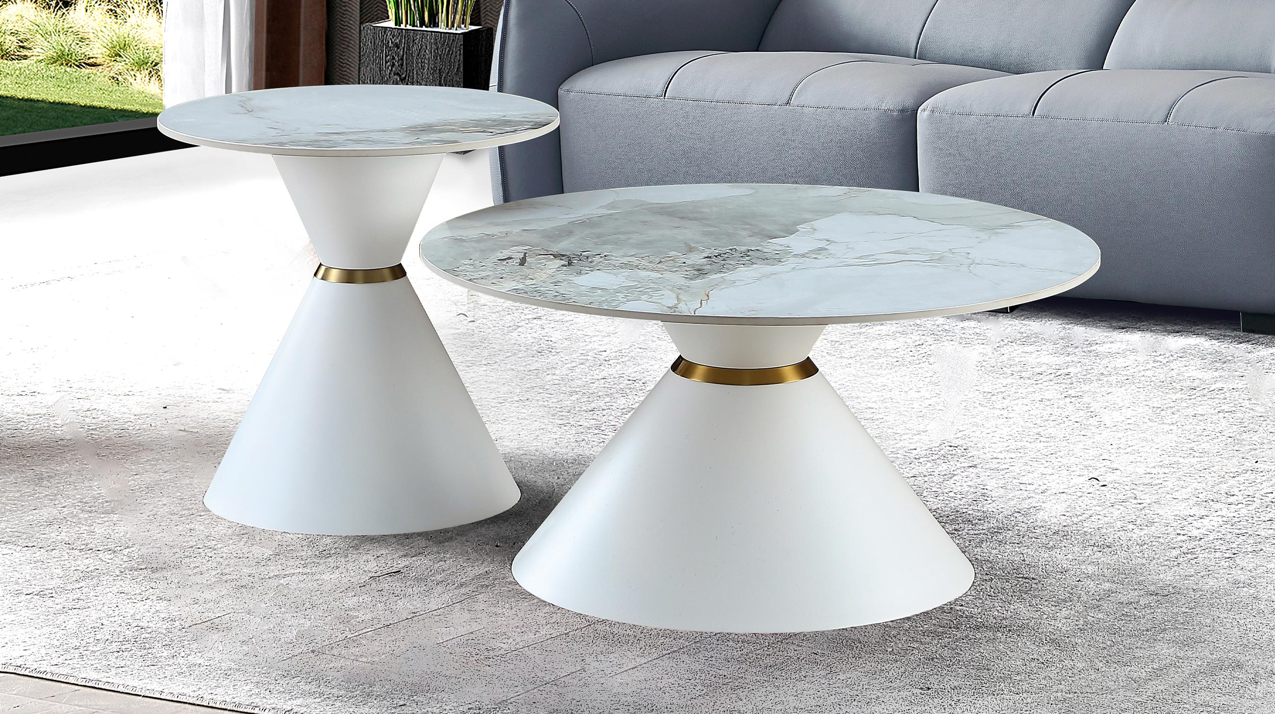 Couchtisch 2er-Set Marmoroptik weiß hochglanz - 80 cm - 60 cm - BASILA