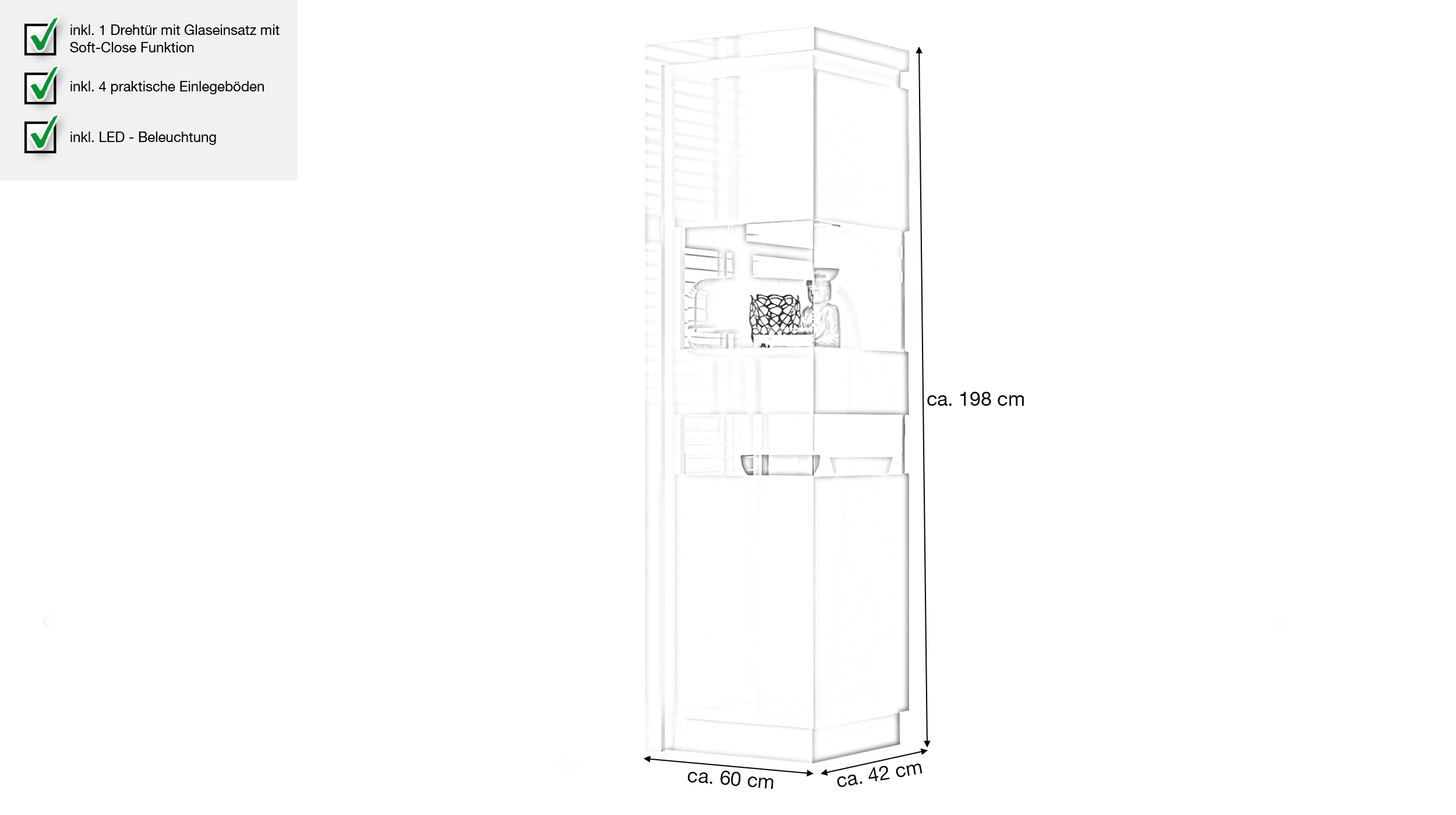 Vitrine mit Beleuchtung weiß Hochglanz Breite 60 cm - LYON