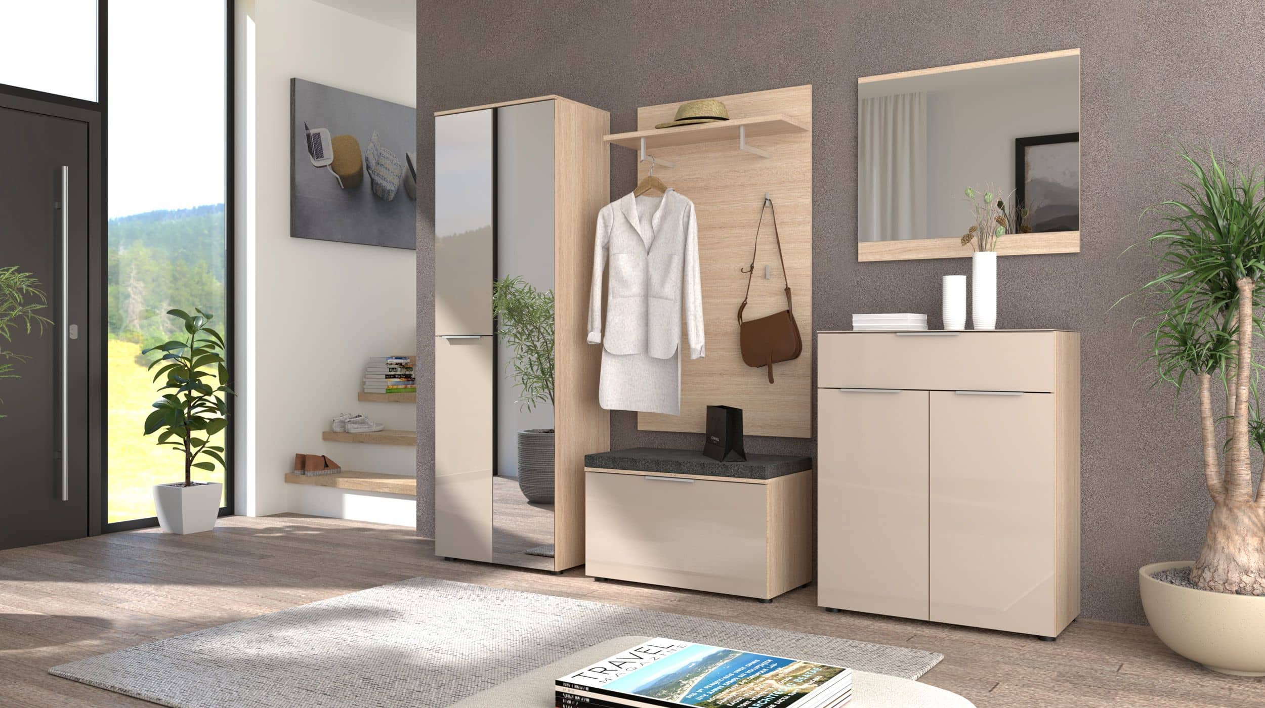 Kommode mit Schublade beige Glasfront Eiche 80 cm - SANTORIN
