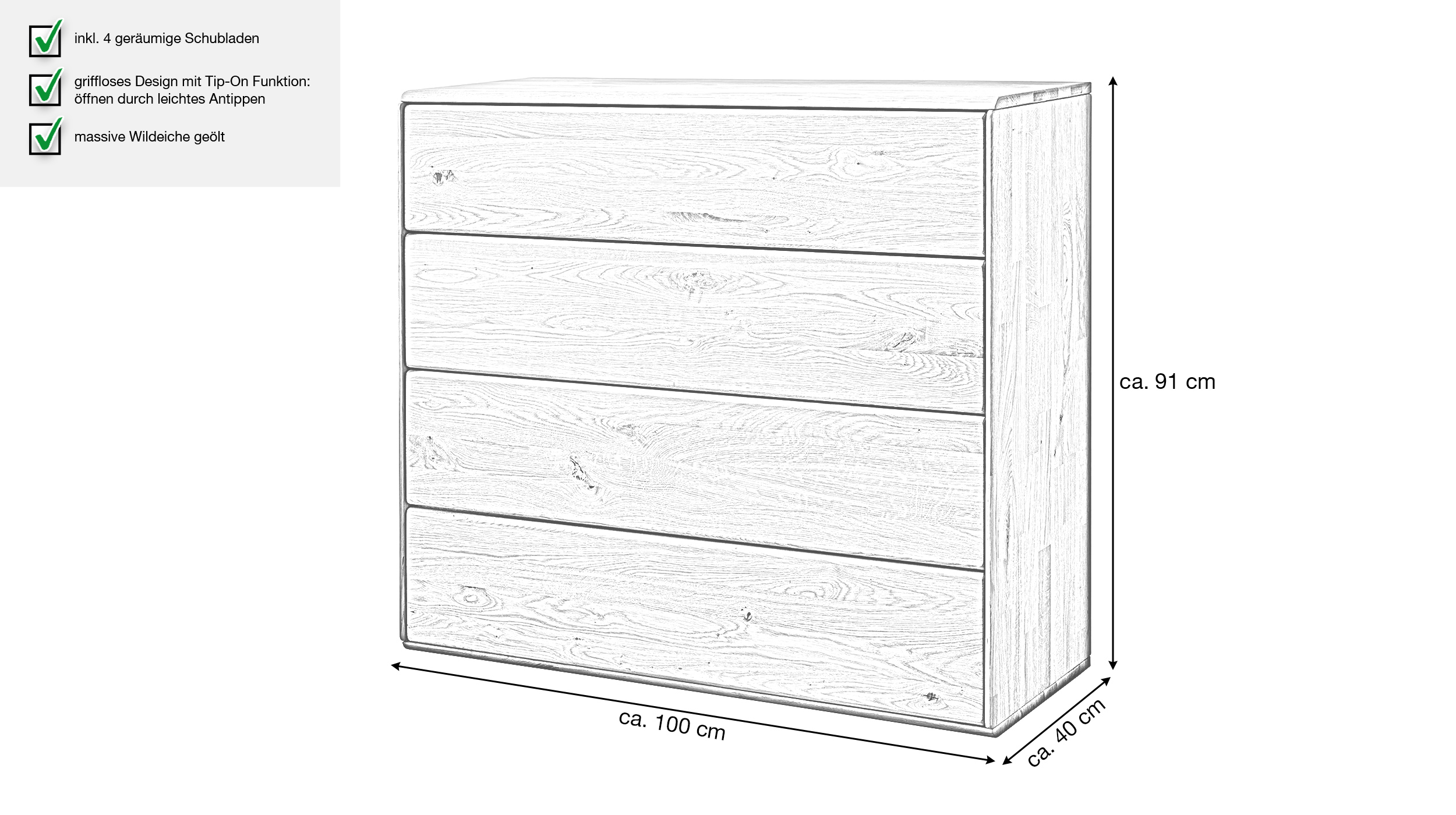 Kommode mit 4 Schubladen Wildeiche massiv geölt 100 cm - SKOV 