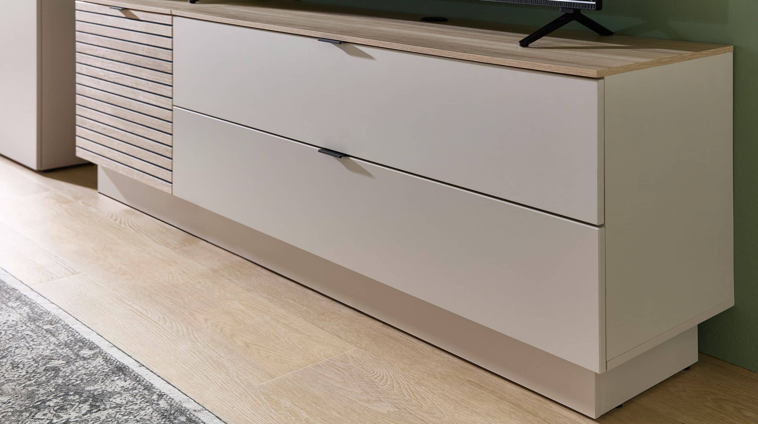 Wohnwand beige - Riva Eiche 320 cm LED-Beleuchtung - INA