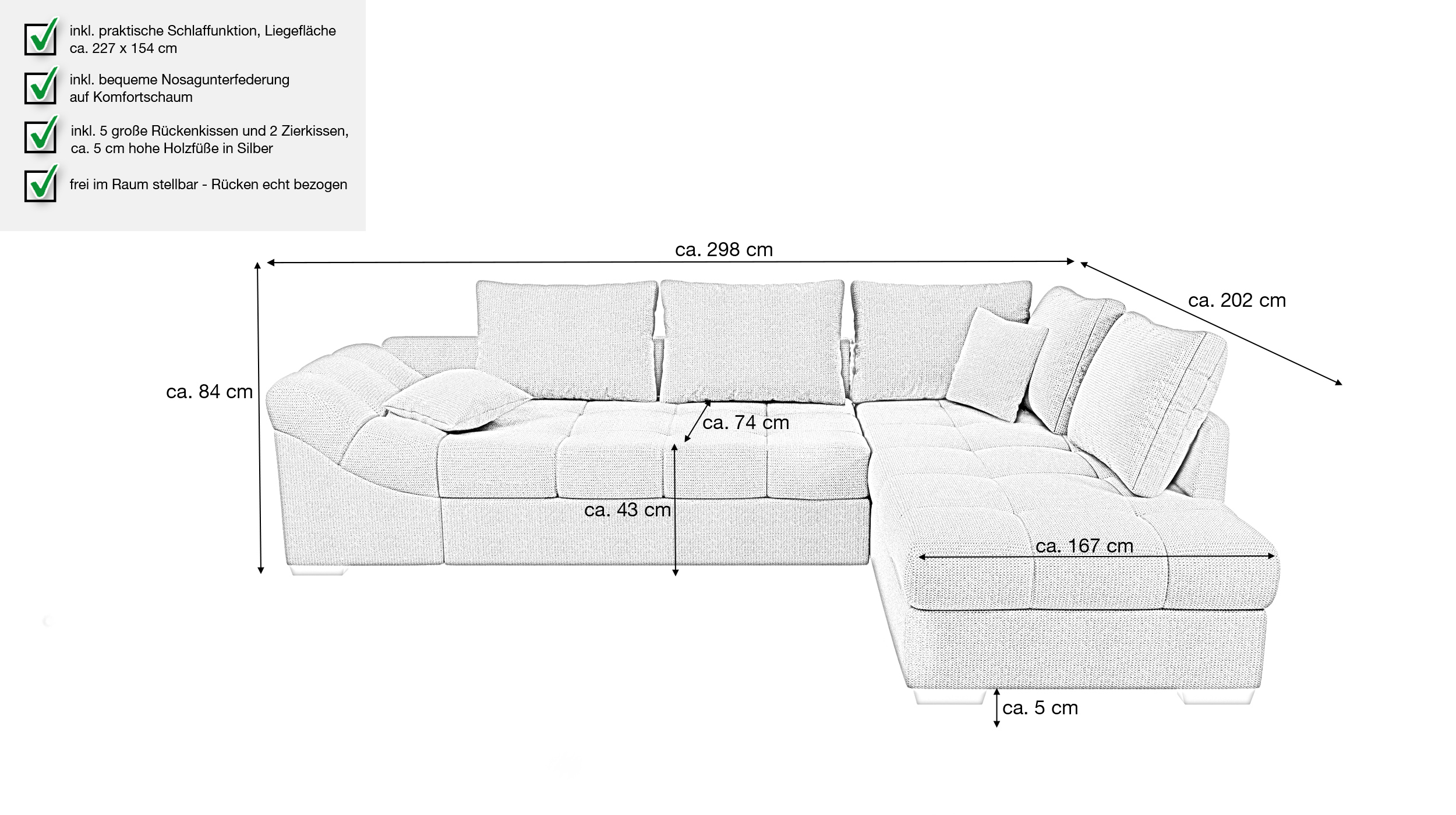 Ecksofa grau Schlaffunktion 298 x 202 cm - SORENTA