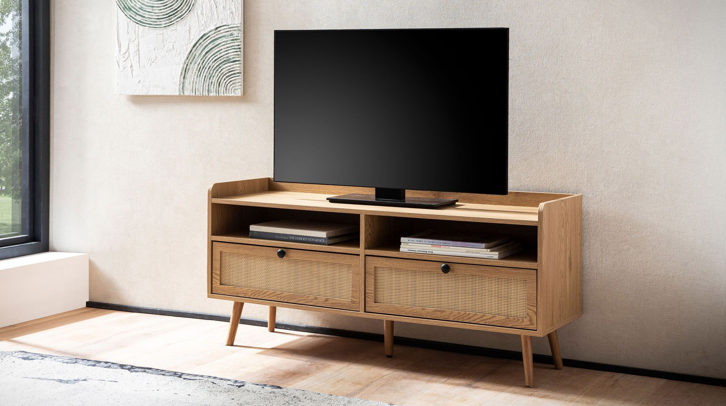 TV - Lowboard Eiche teilmassiv - Rattan 120 cm - RATVAN