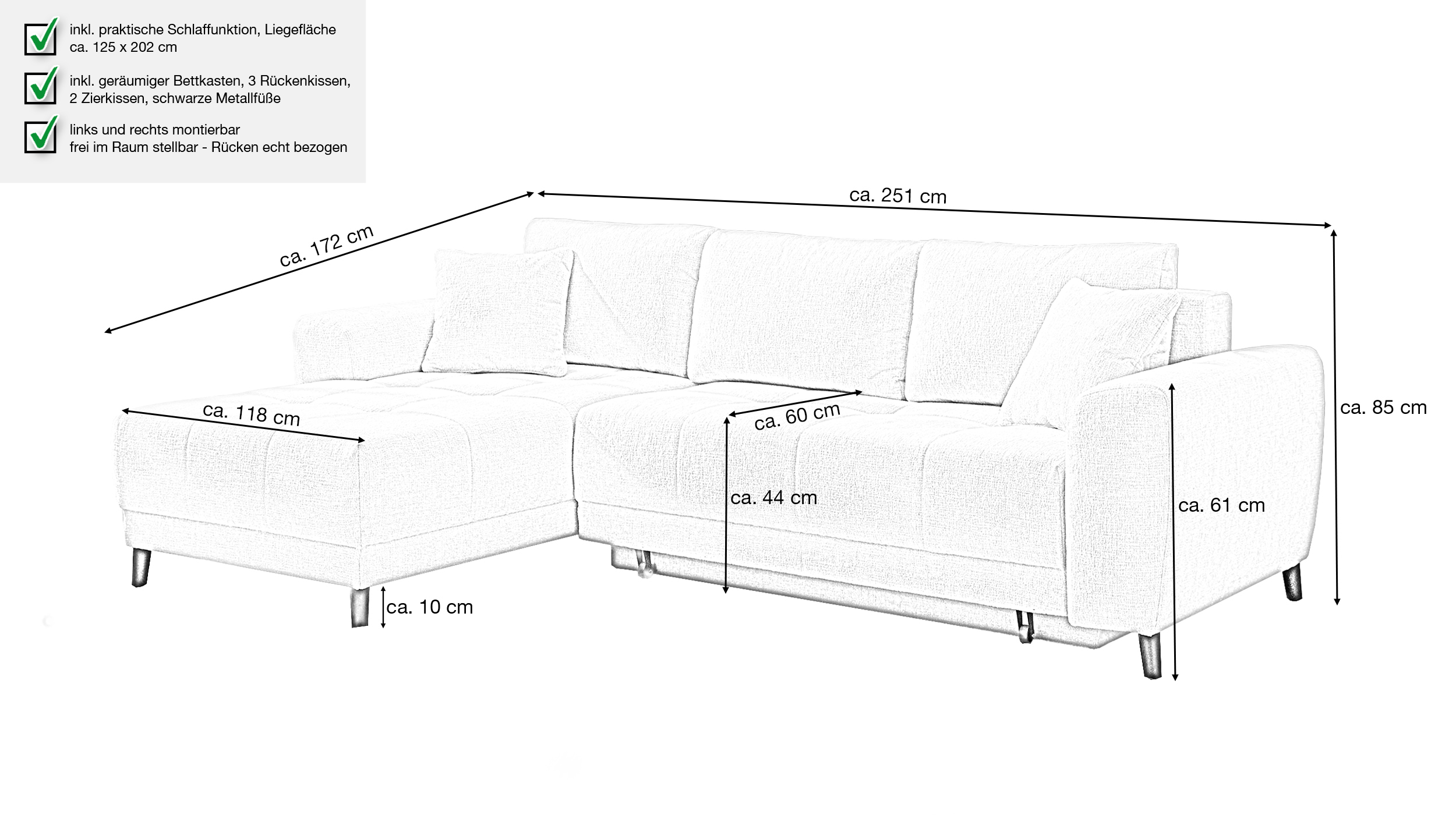 Ecksofa mit Schlaffunktion beige 251 x 172 cm - Bettkasten - BEVERLY 
