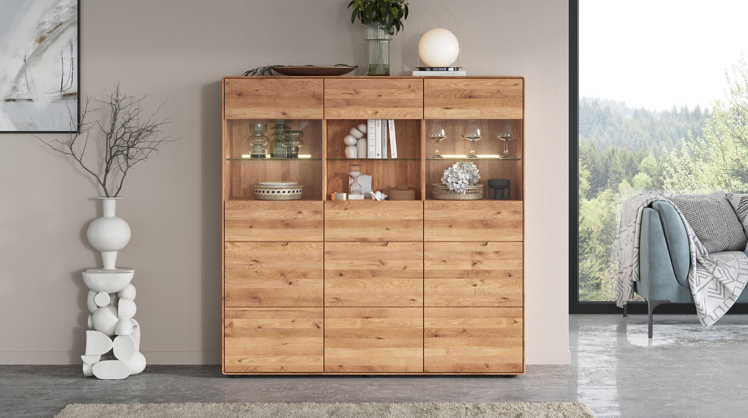 Highboard mit Glastüren Wildeiche massiv 149 cm - LUCAS 