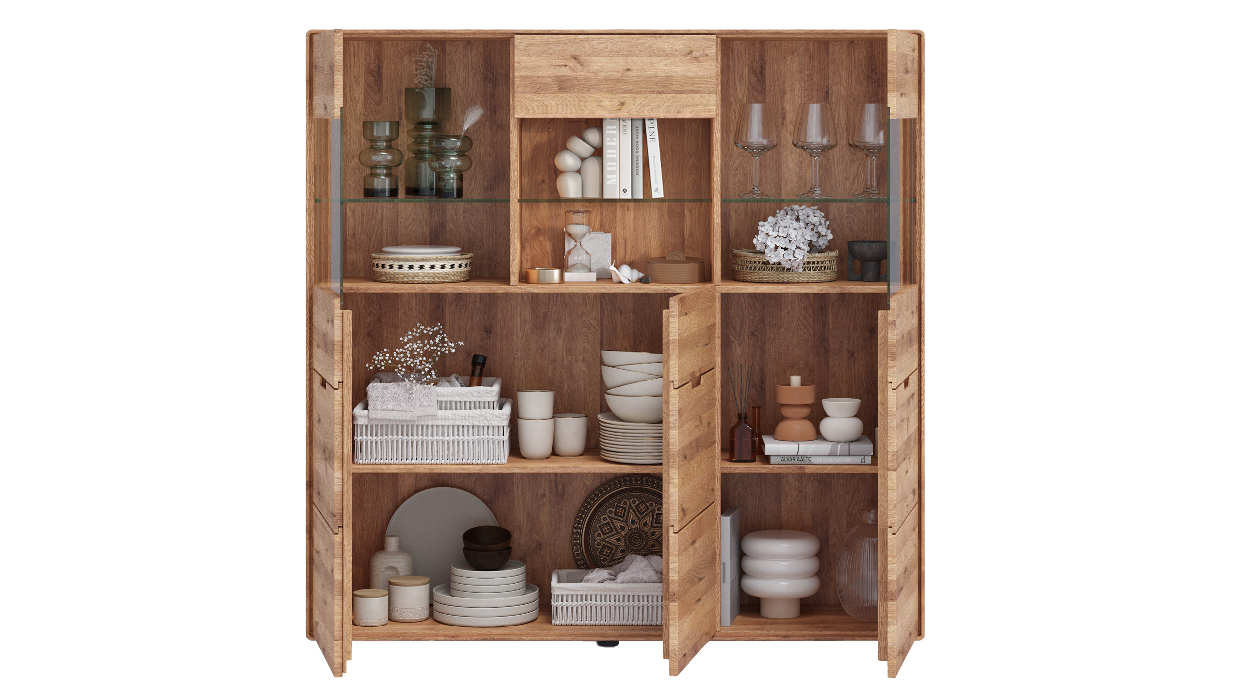 Highboard mit Glastüren Wildeiche massiv 149 cm - LUCAS 