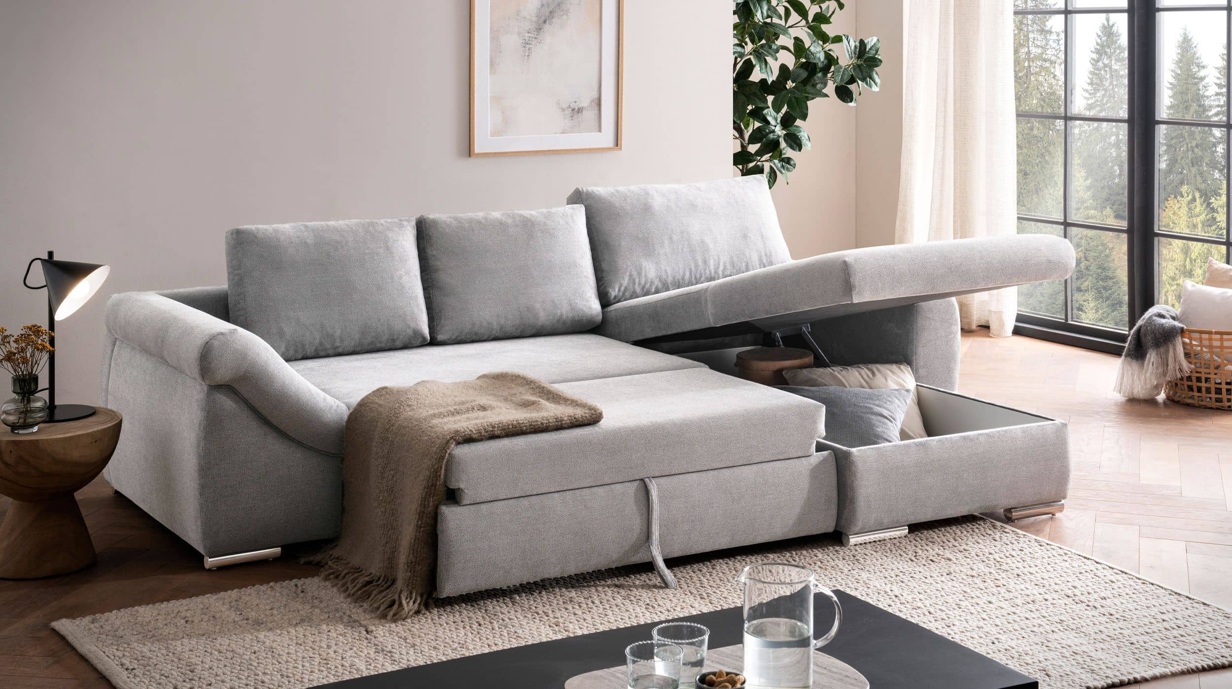 Ecksofa grau mit Schlaffunktion - Bettkasten 261 cm - RAMONA