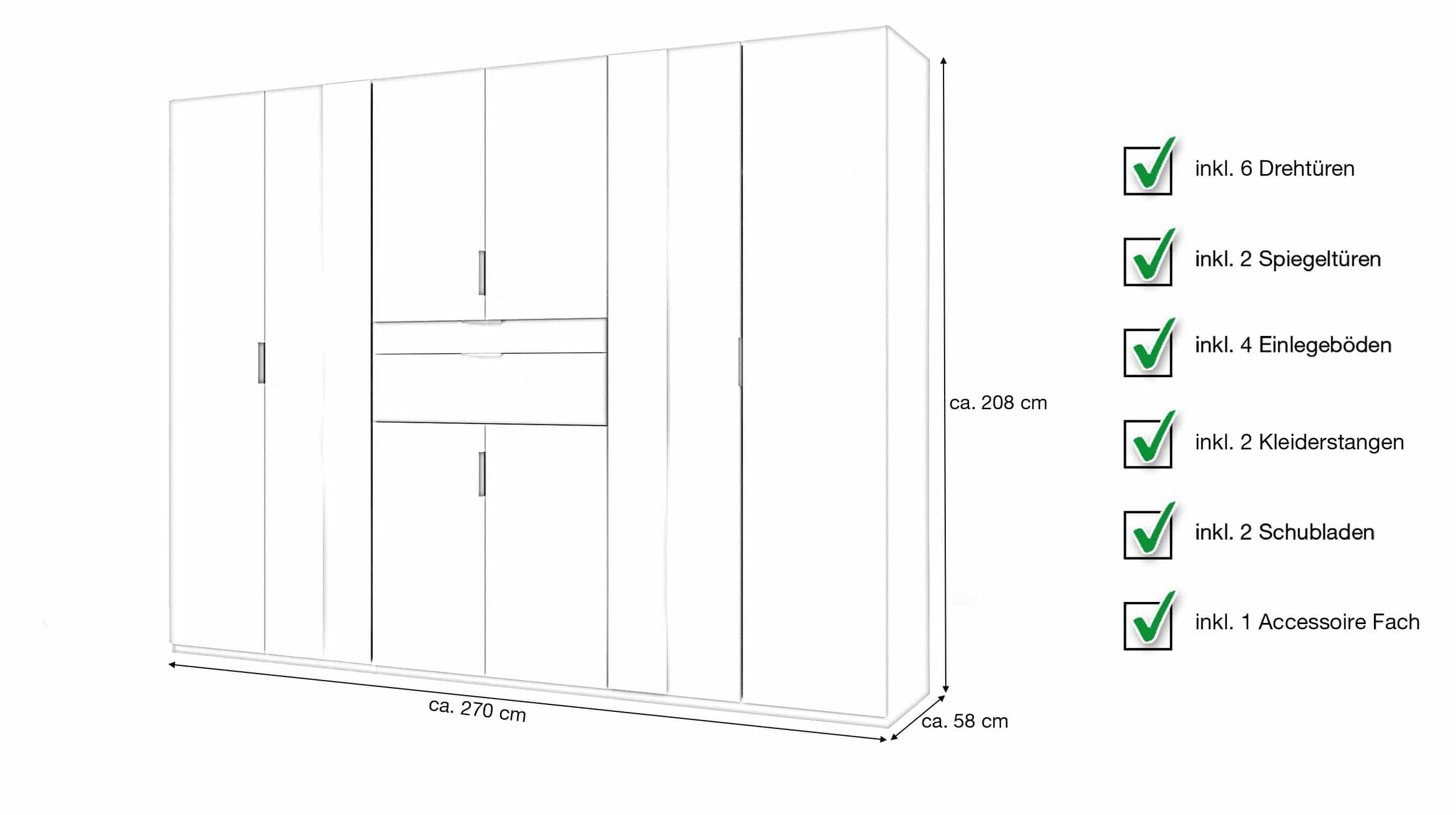 Kleiderschrank mit Spiegel 270 cm grau - graphit 6-türig - XANTEN