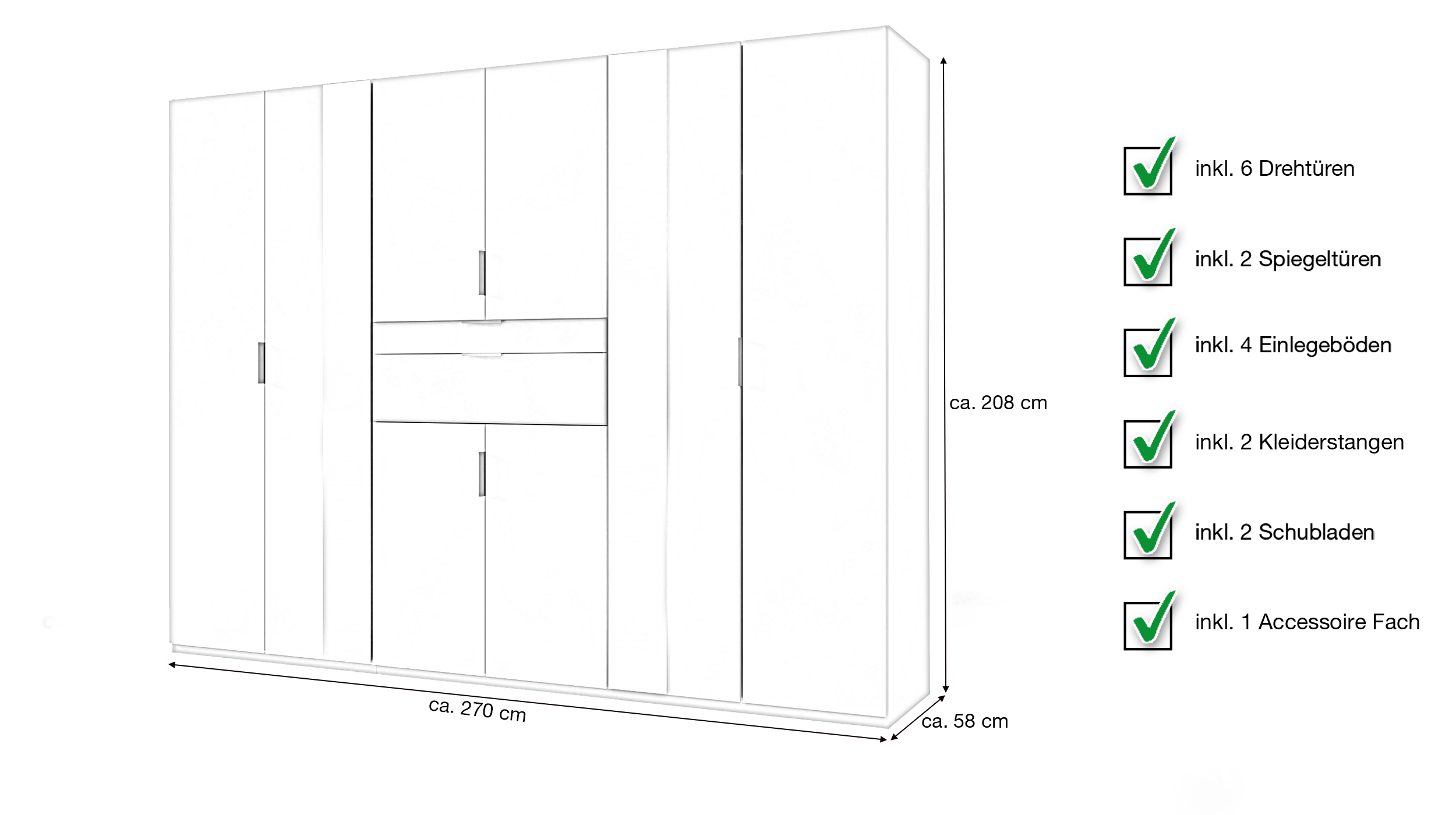 Kleiderschrank mit Spiegel 270 cm grau - graphit 6-türig - XANTEN