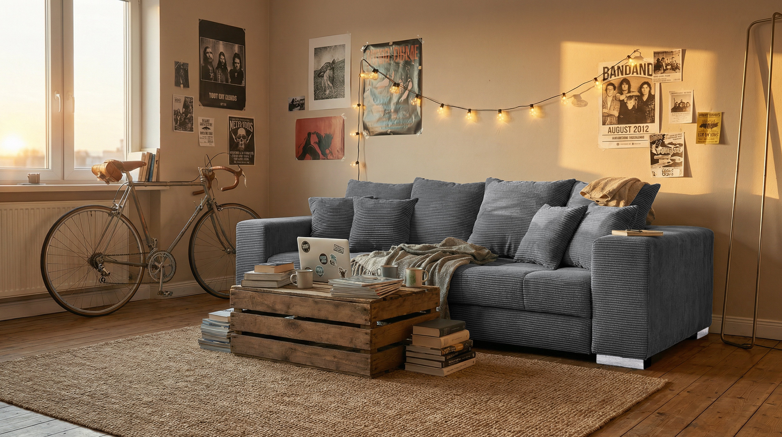 Big Sofa Cord grau - mit Nosagunterfederung - 254 cm - BORNEO